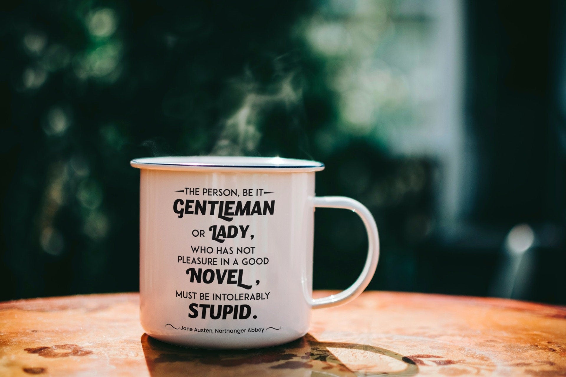 Jane Austen Quote Enamel Coffee Mug, Pleasure in a Good Northanger Abbey Camping Mug
