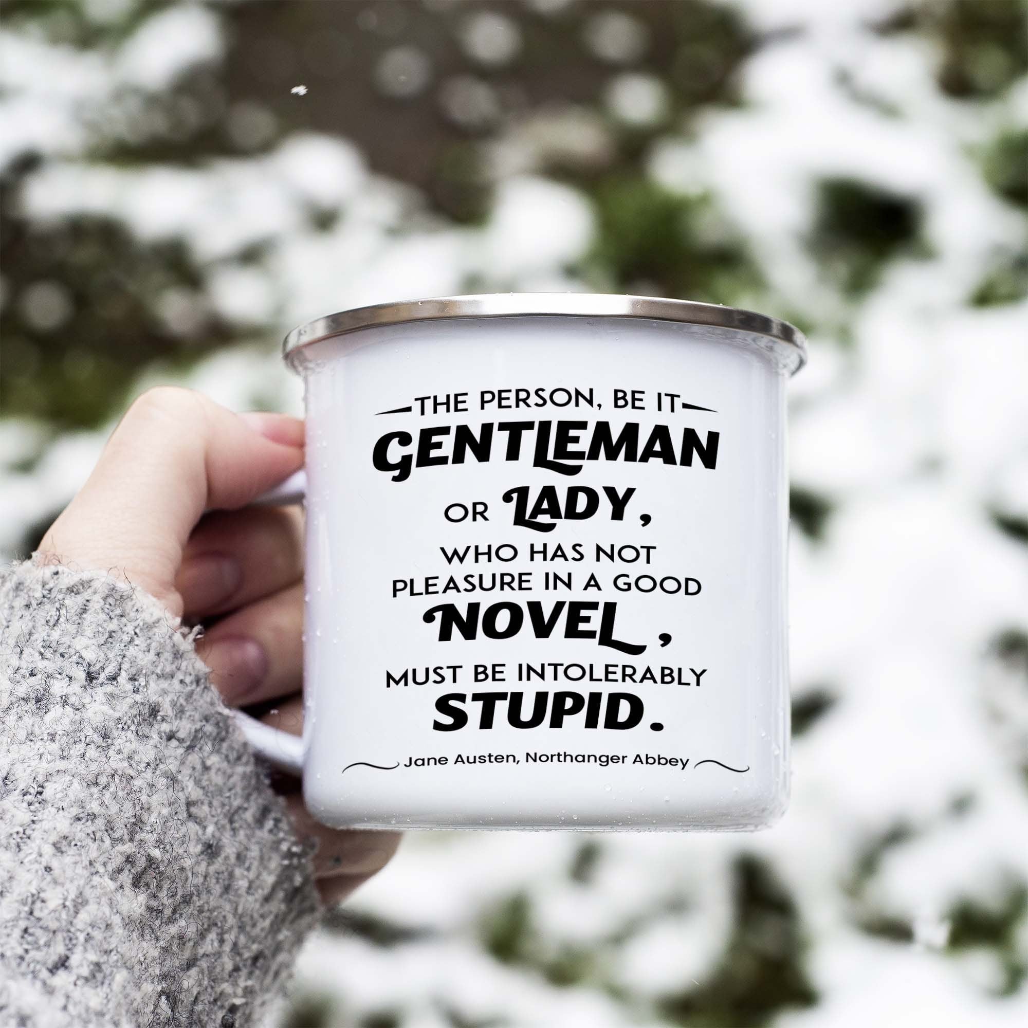 Jane Austen Quote Enamel Coffee Mug, Pleasure in a Good Northanger Abbey Camping Mug