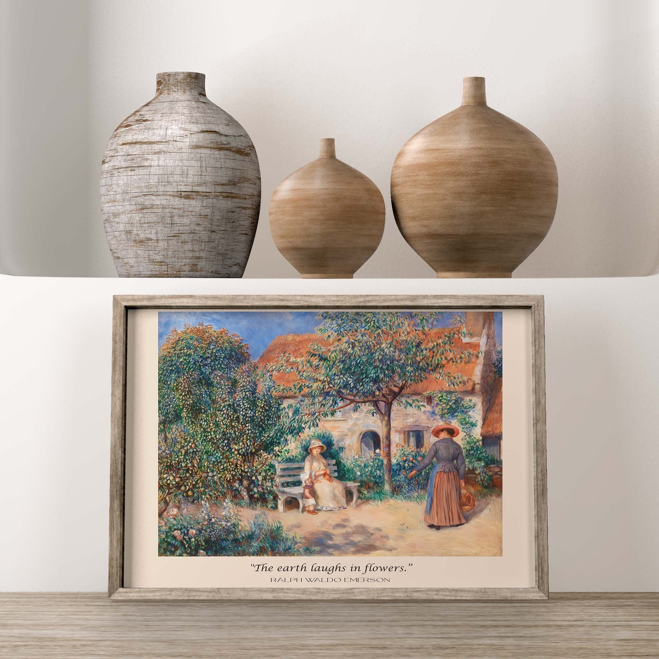 Ralph Waldo Emerson Quote with Renoir In Brittany Fine Art, The earth laughs in flowers Unframed Cottagecore French Country Scene Family