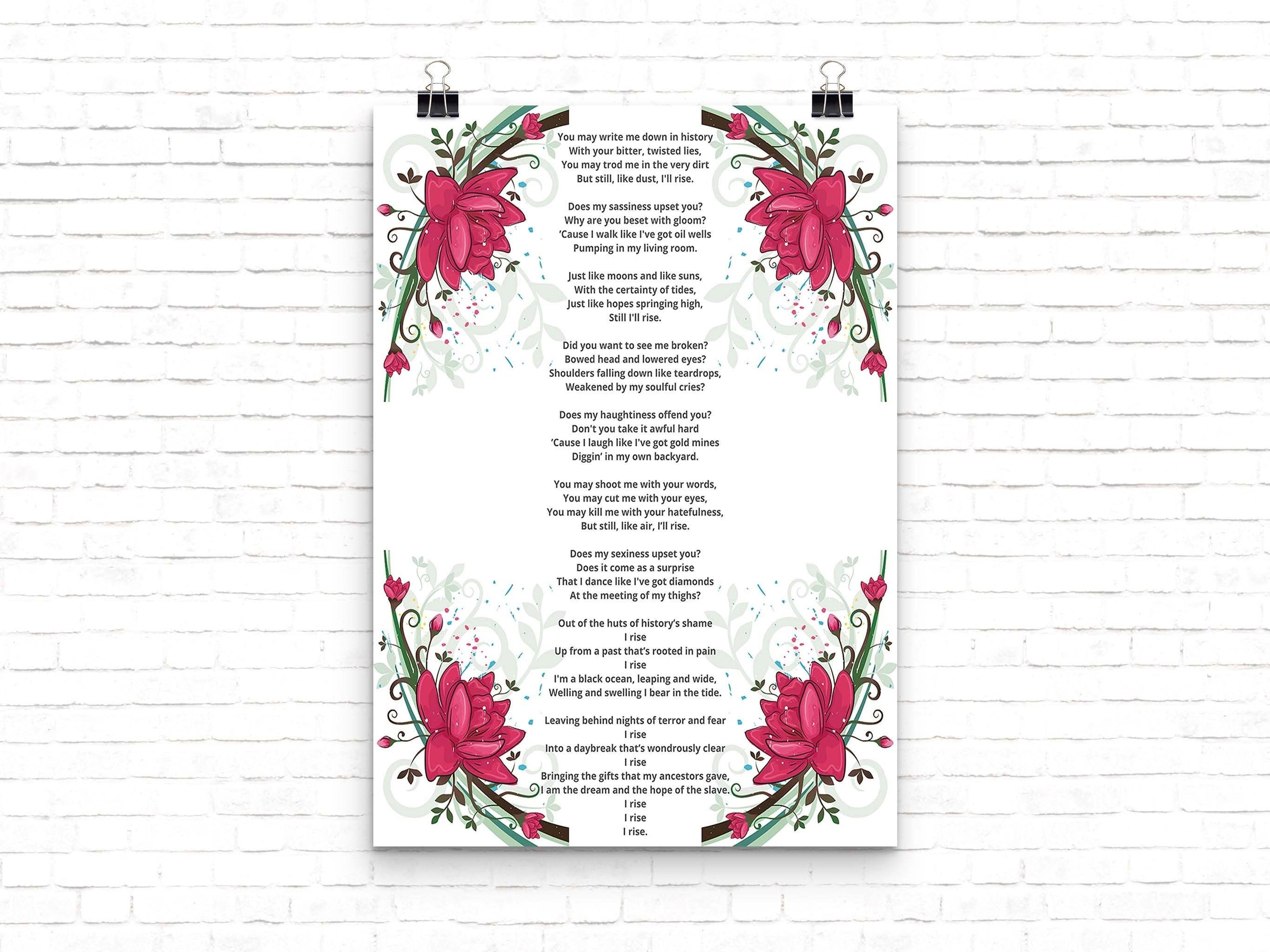 Still I Rise Wall Art Maya Angelou Poem, Feminist Inspirational Print with Dark Pink Flower Border