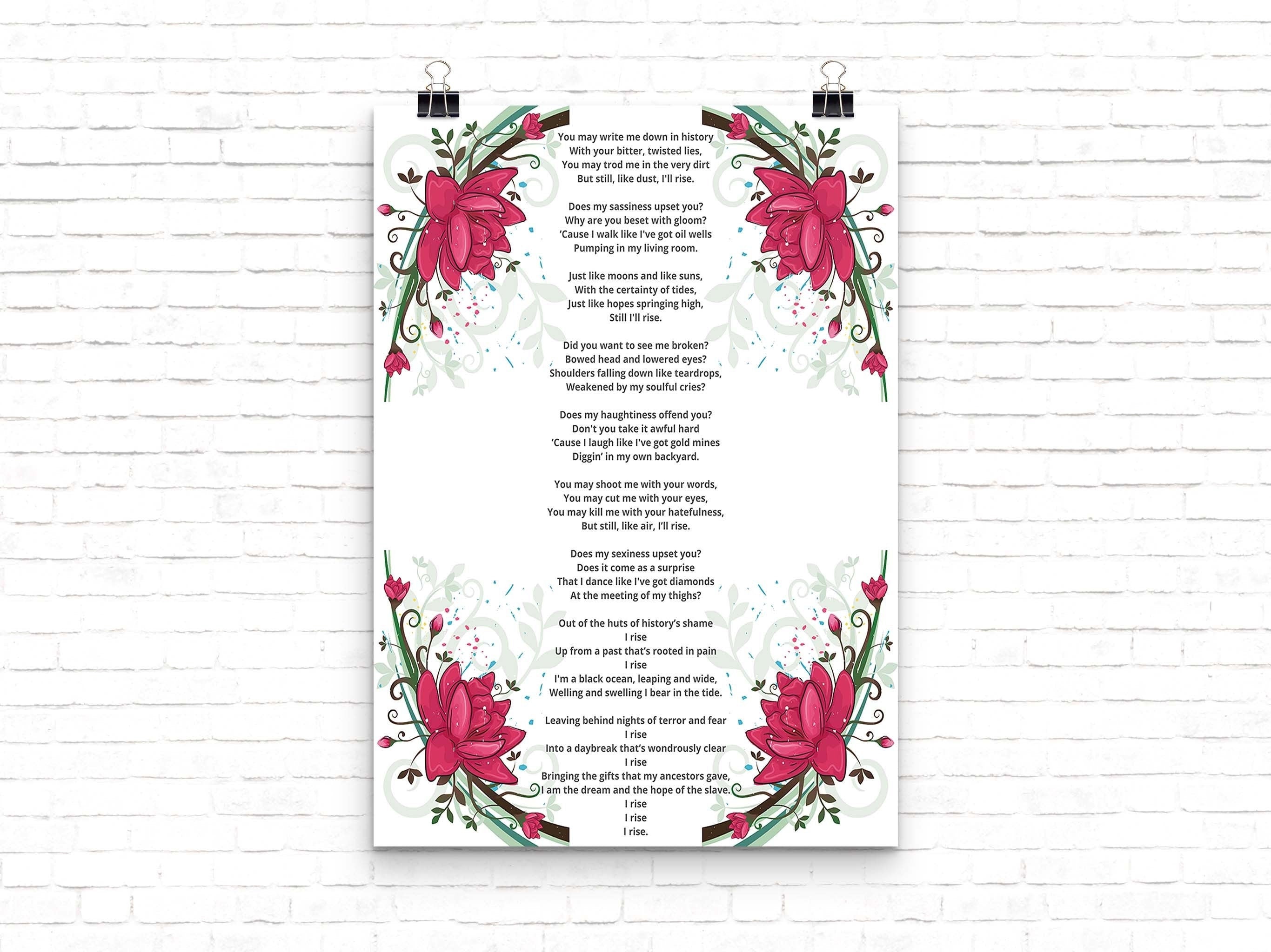 Still I Rise Wall Art Maya Angelou Poem, Feminist Inspirational Print with Dark Pink Flower Border