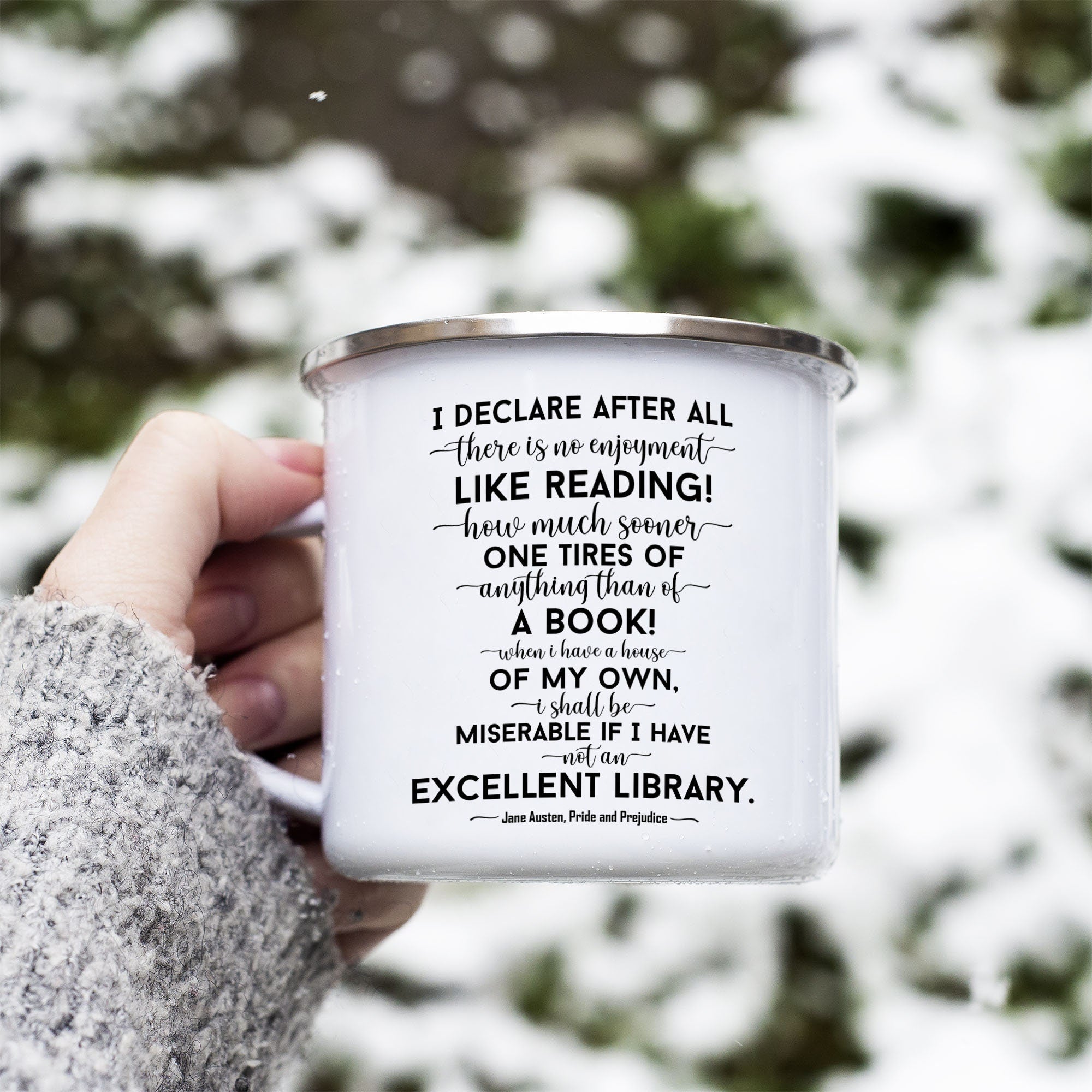 Jane Austen No Enjoyment Like Reading Pride and Prejudice Quote Enamel Coffee Mug, Excellent Library Camping Mug
