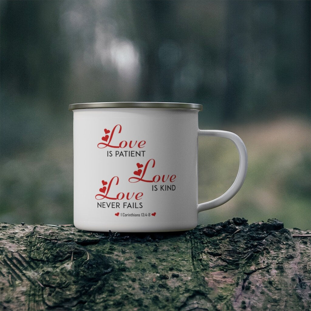 Corinthians 13 Love Is Enamel Coffee Mug, Camping Mug Christian Gifts - 12oz