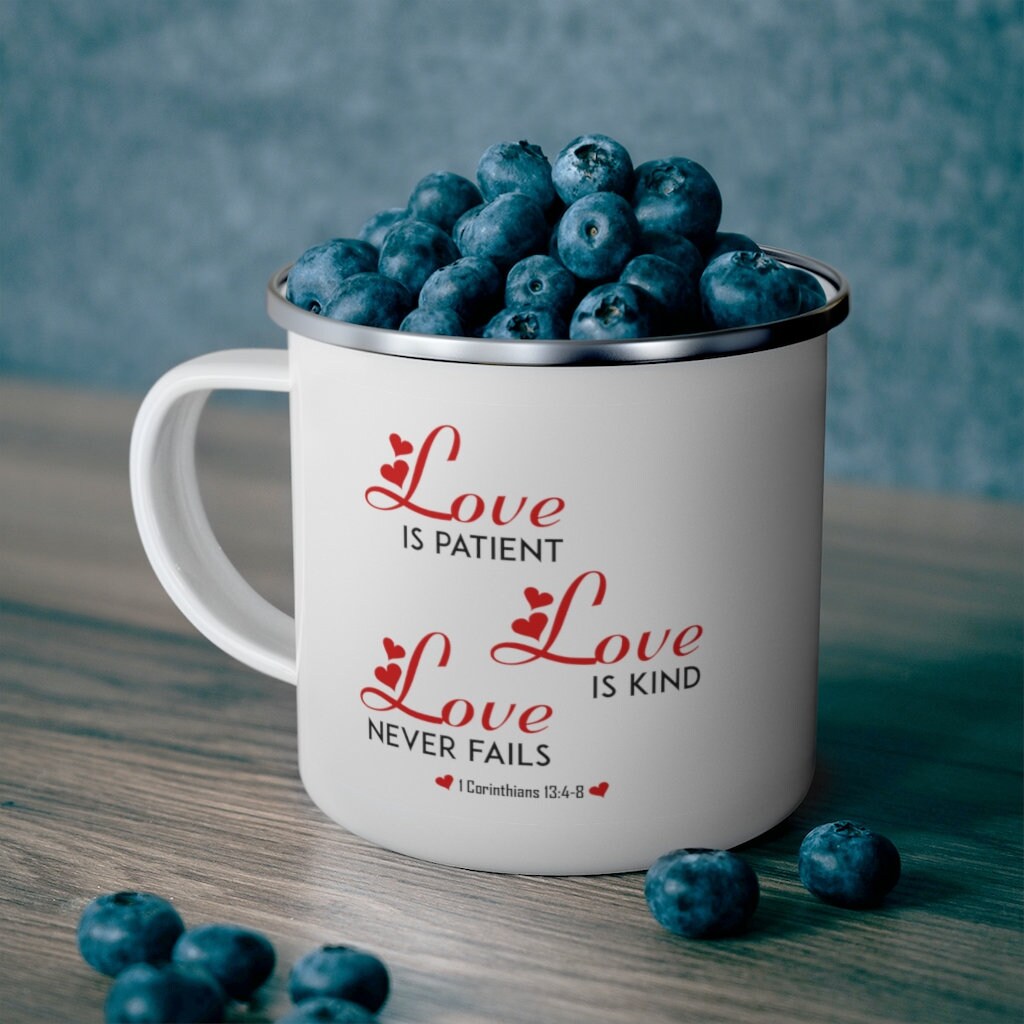 Corinthians 13 Love Is Enamel Coffee Mug, Camping Mug Christian Gifts - 12oz
