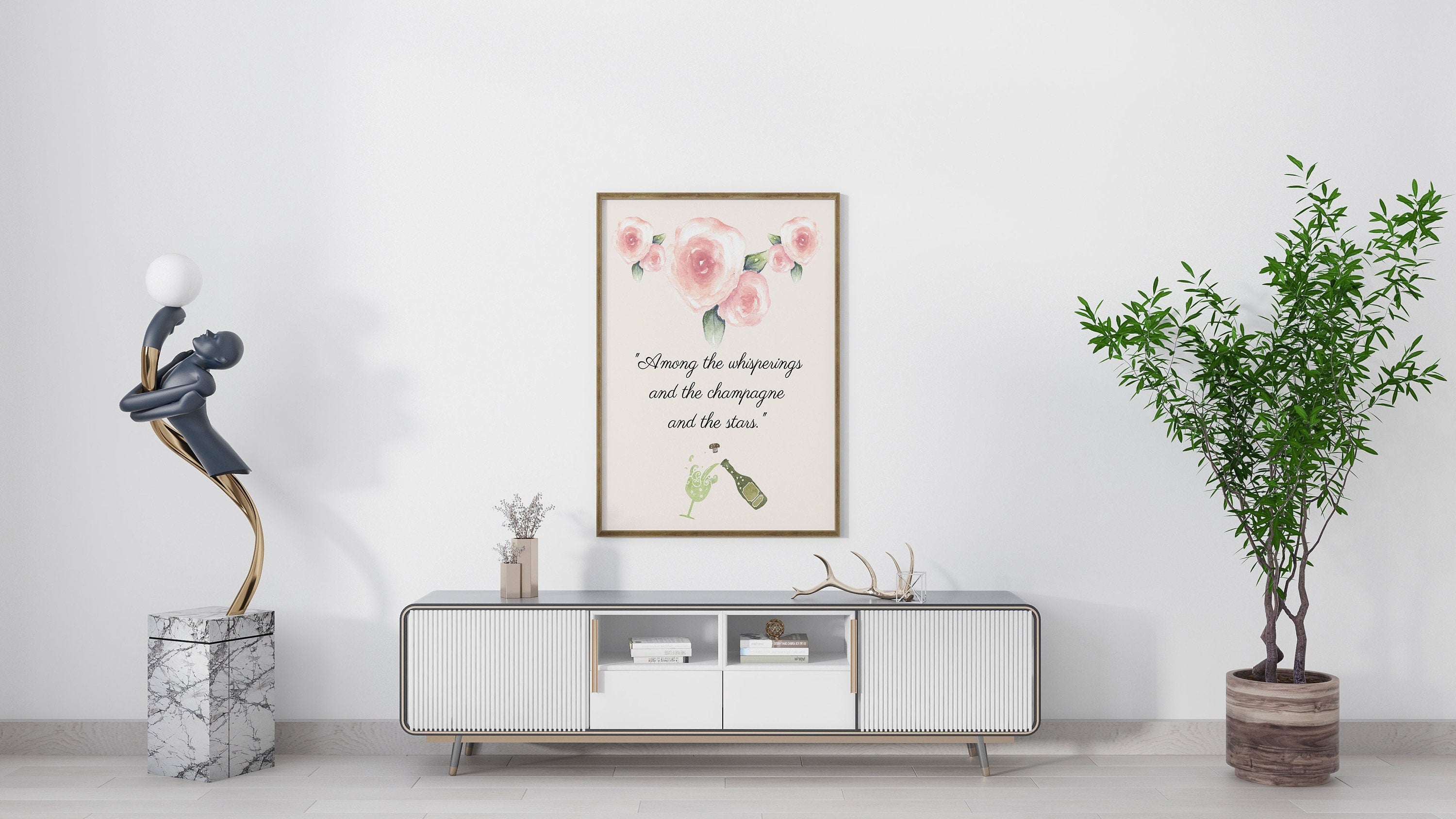 F Scott Fitzgerald Quote Champagne and Stars Great Gatsby Print in Green and Blush Pink for Living Room Decor