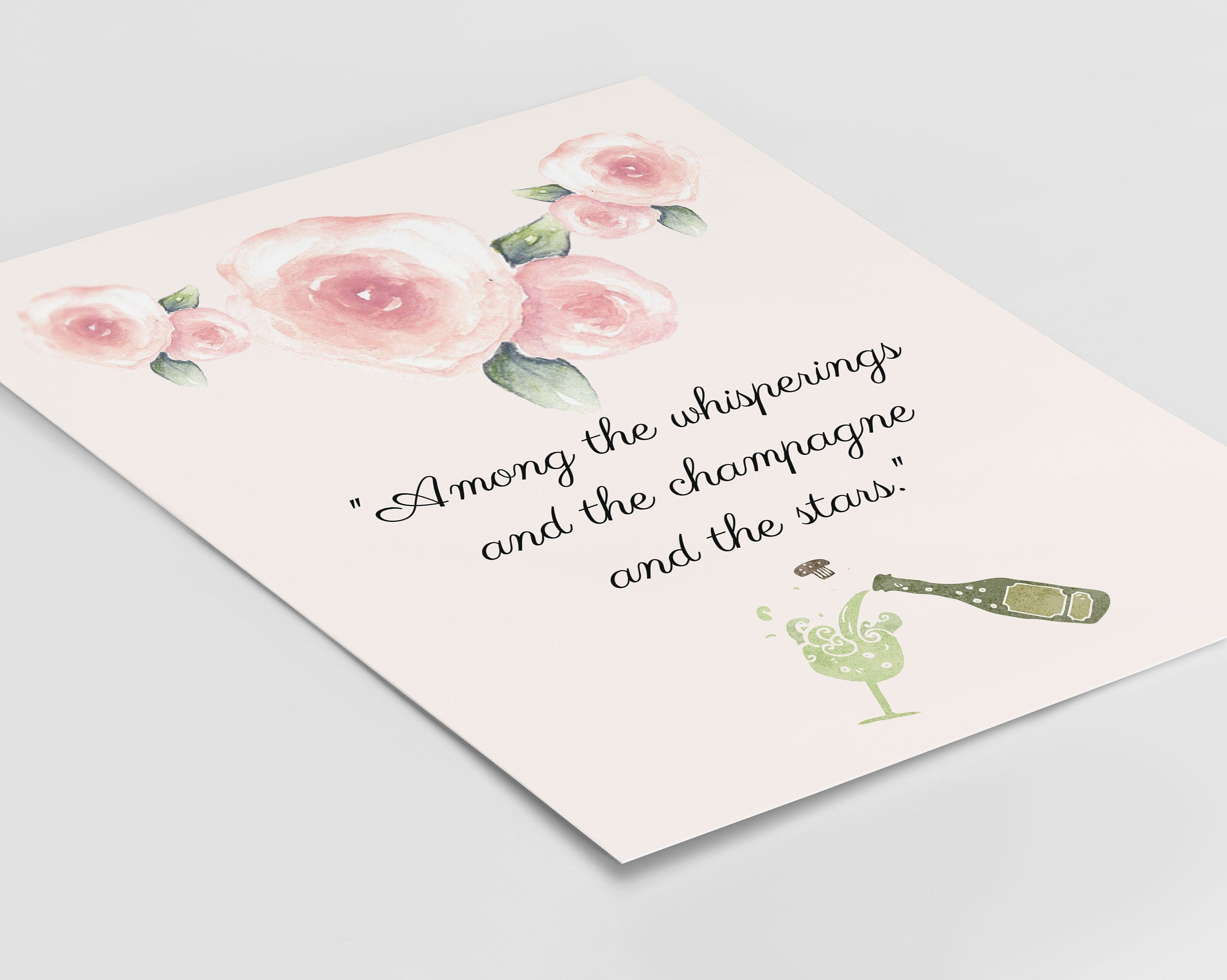 F Scott Fitzgerald Quote Champagne and Stars Great Gatsby Print in Green and Blush Pink for Living Room Decor