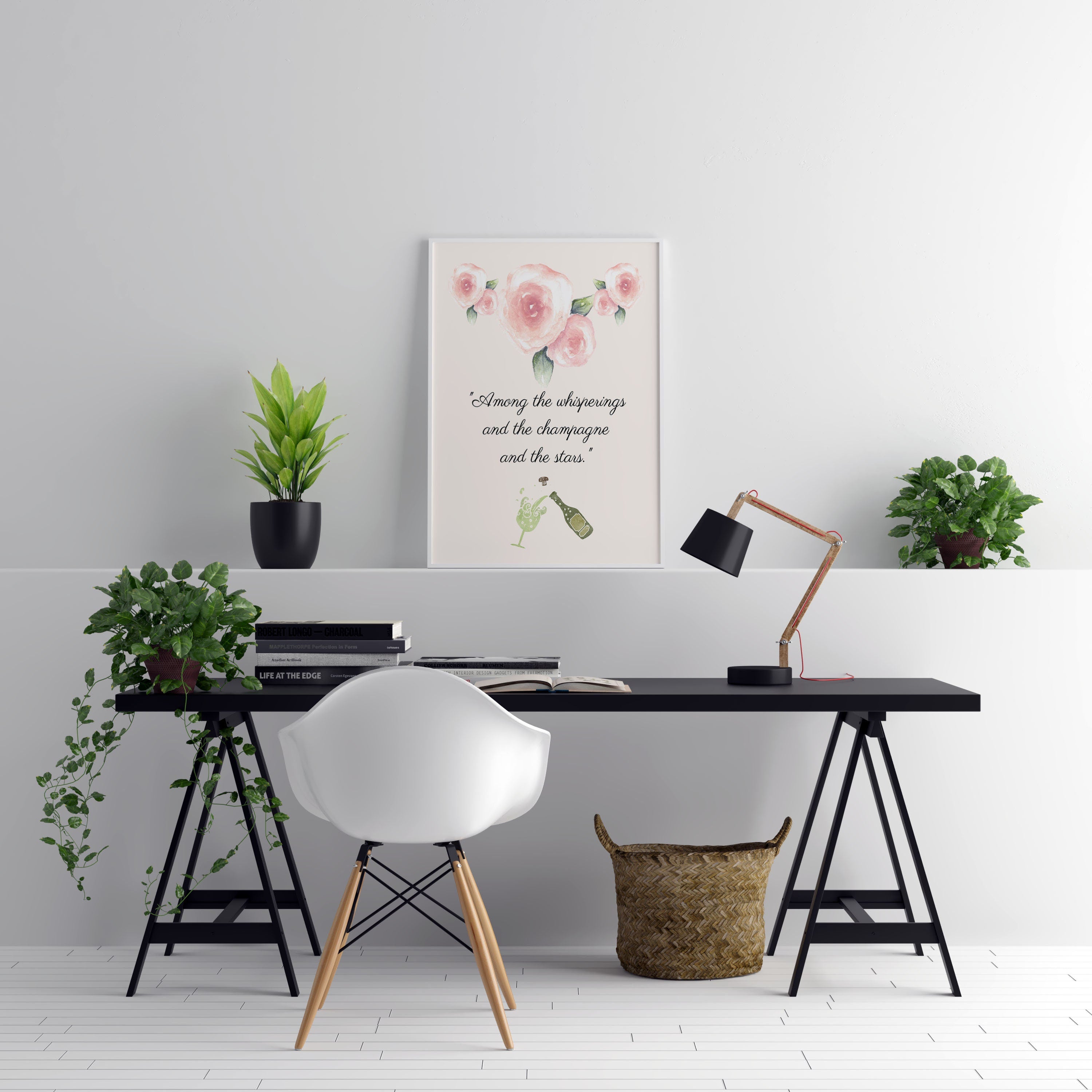 F Scott Fitzgerald Quote Champagne and Stars Great Gatsby Print in Green and Blush Pink for Living Room Decor