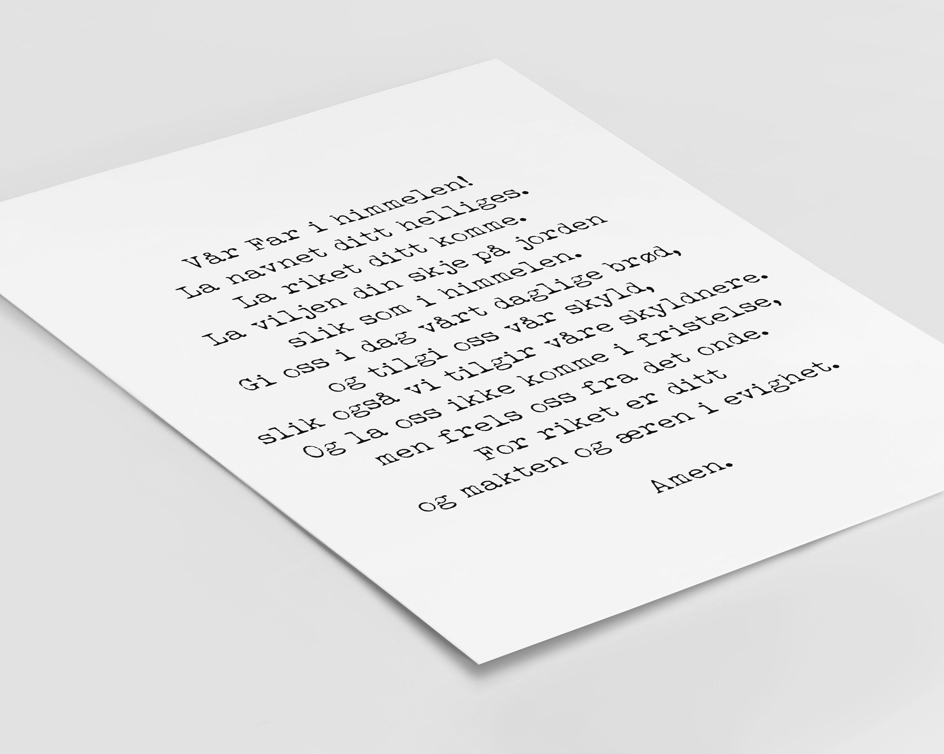 Norwegian LORD's Prayer Unframed Quote Print in Black & White, Var Far Our Father Prayer Christian Wall Art Inspirational Quote