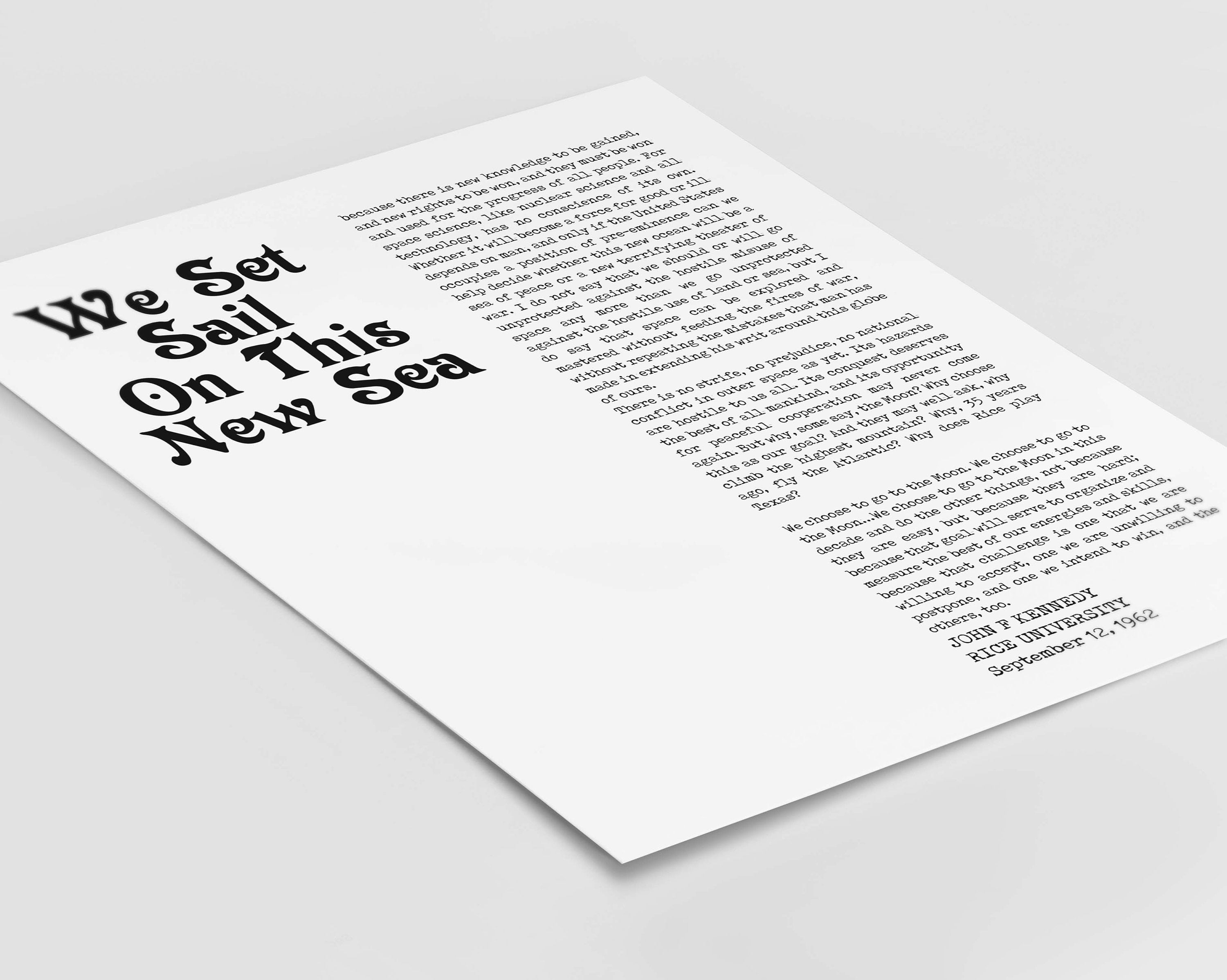 John F. Kennedy quote print, We choose to go to the moon inspirational art, unframed minimalist black & white wall decor