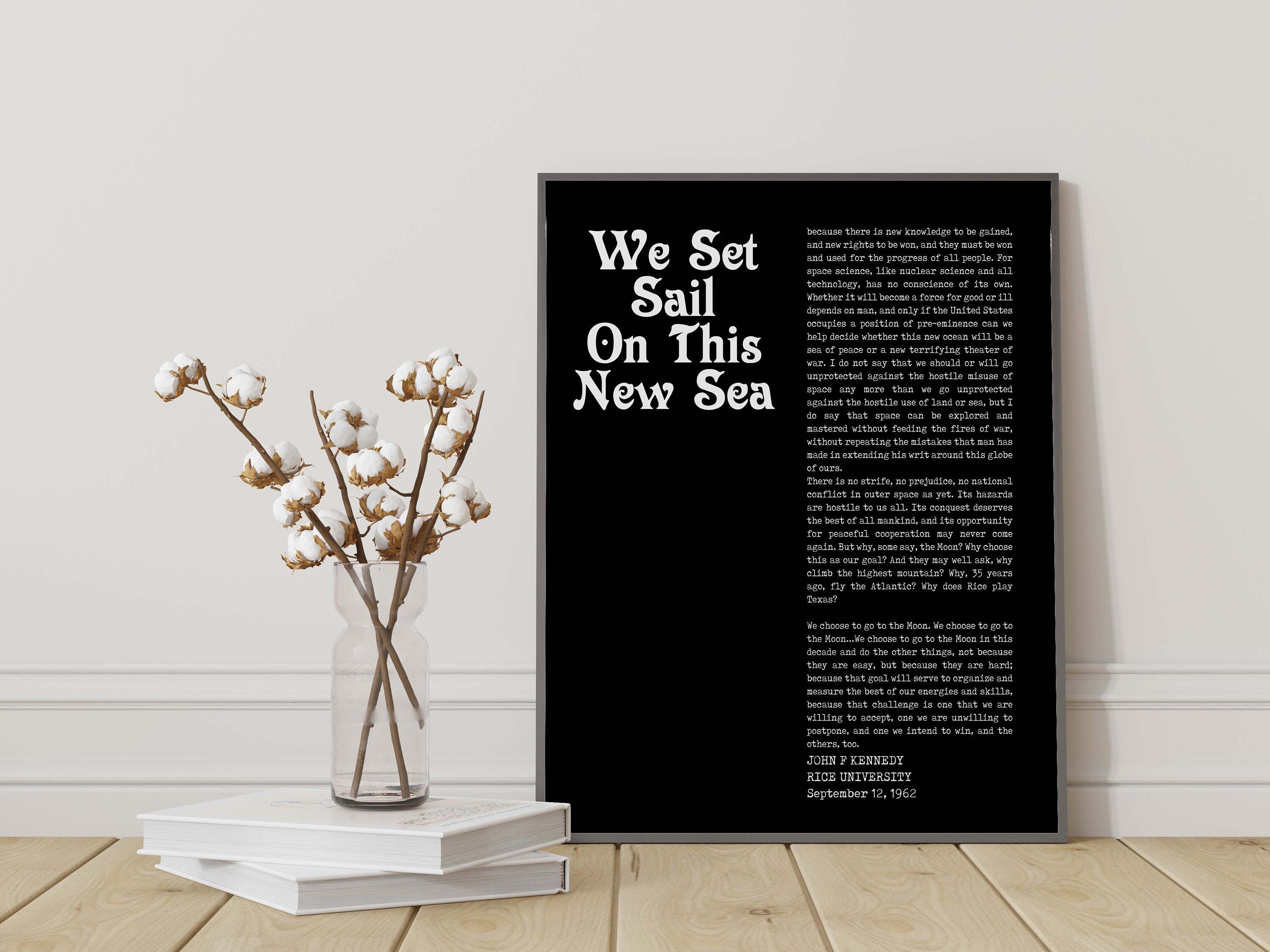 John F. Kennedy quote print, We choose to go to the moon inspirational art, unframed minimalist black & white wall decor