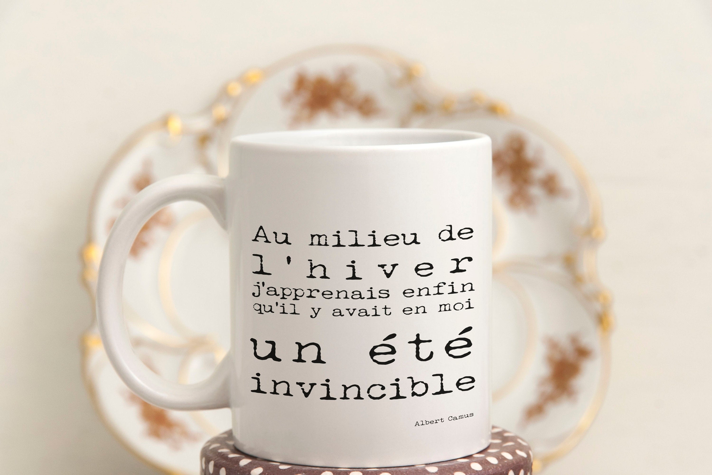 French albert camus quote mug, invincible summer coffee lover gift