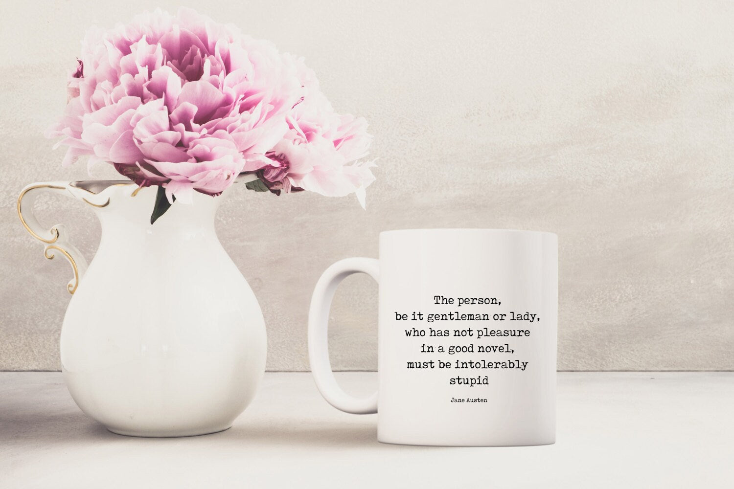 Jane Austen coffee mug, pleasure in a good novel reading mug with quote