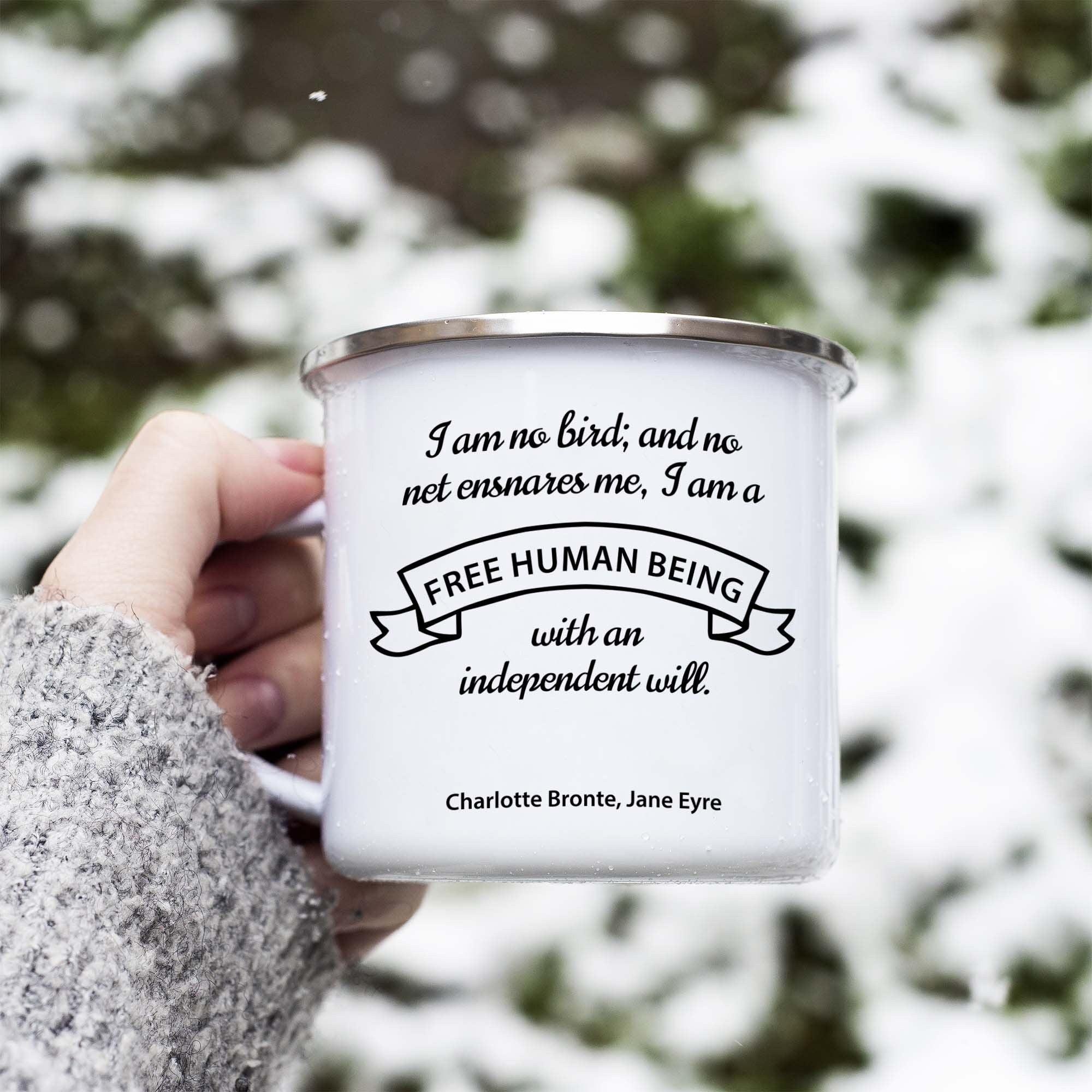 I am no bird jane eyre quote enamel coffee mug, charlotte bronte enamel camping mug