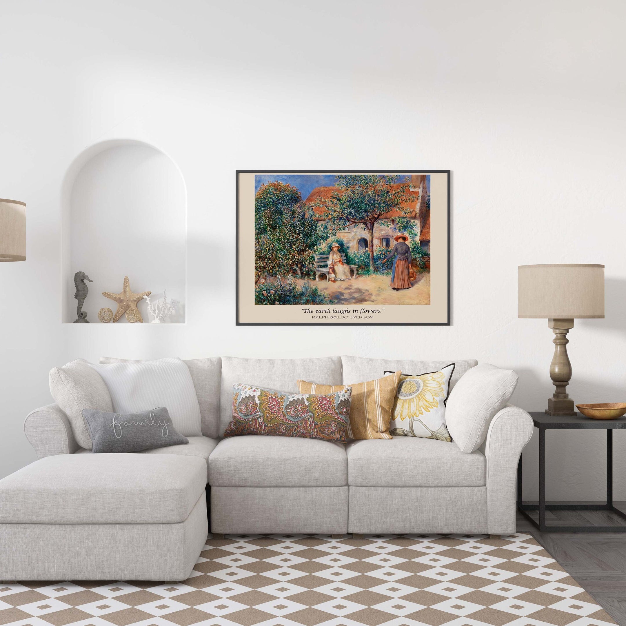 Ralph Waldo Emerson Quote with Renoir In Brittany Fine Art, The earth laughs in flowers Unframed Cottagecore French Country Scene Family