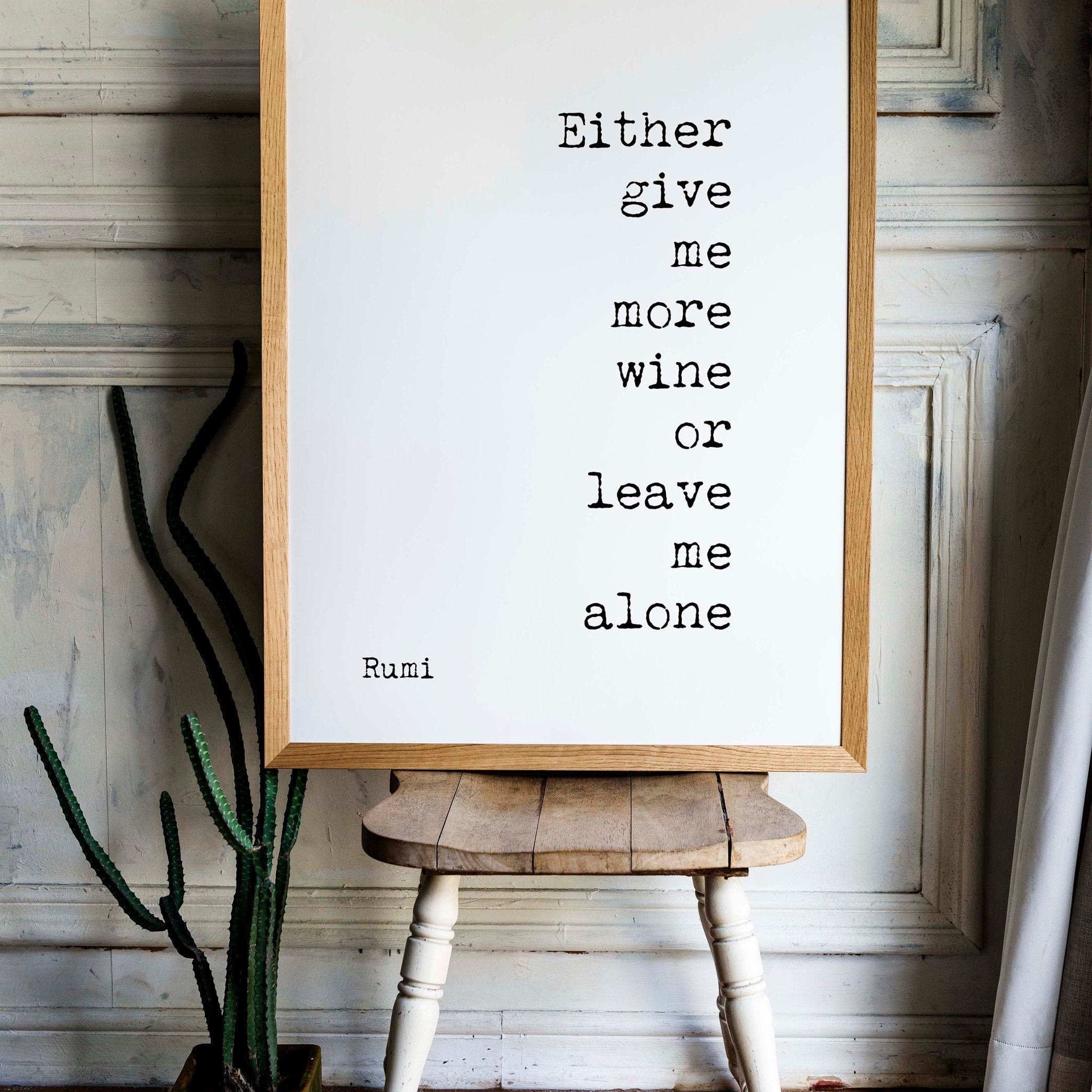 Give Me More Wine Rumi Quote Print in Black And White For Dining Room Wall Art Or Kitchen Wall Decor, Unframed