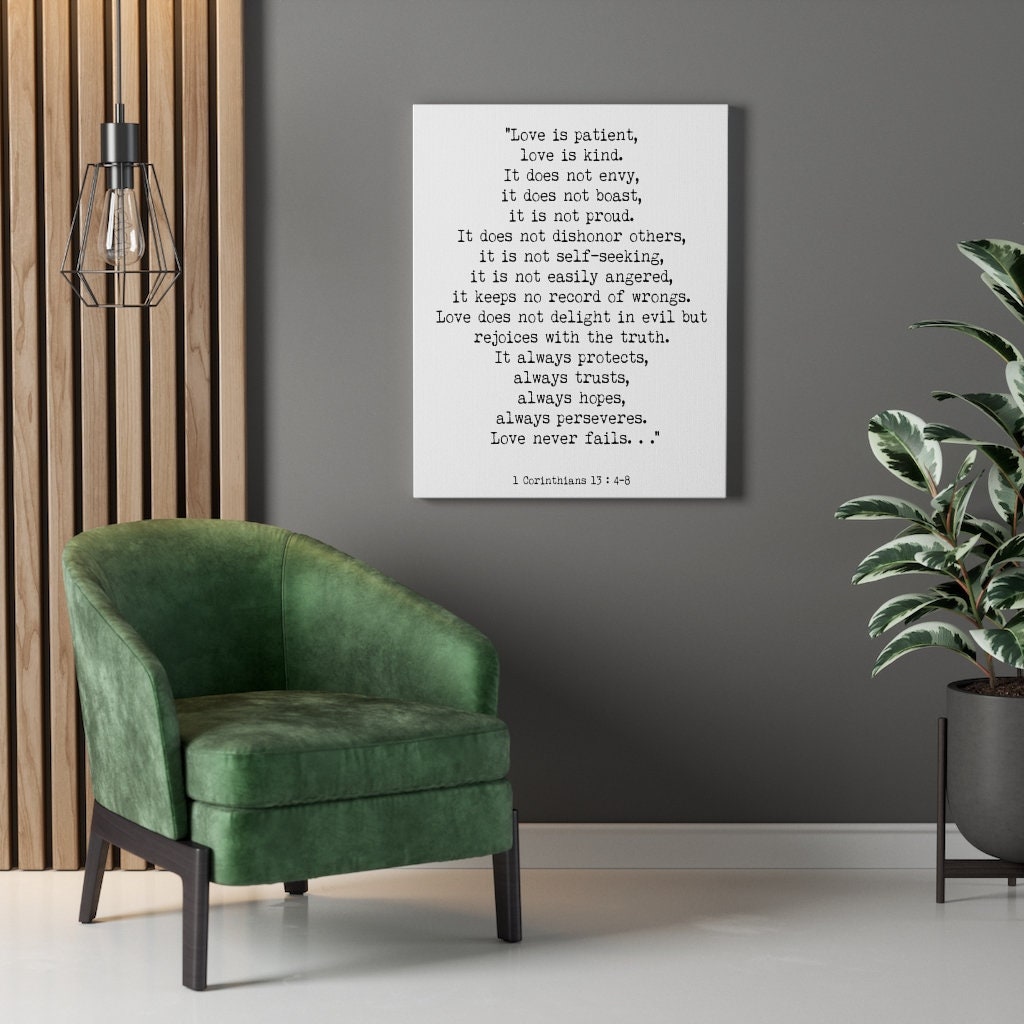 1 Corinthians 13 Canvas Quote Print, Love is Patient Bible Verse Wall Art in Black & White