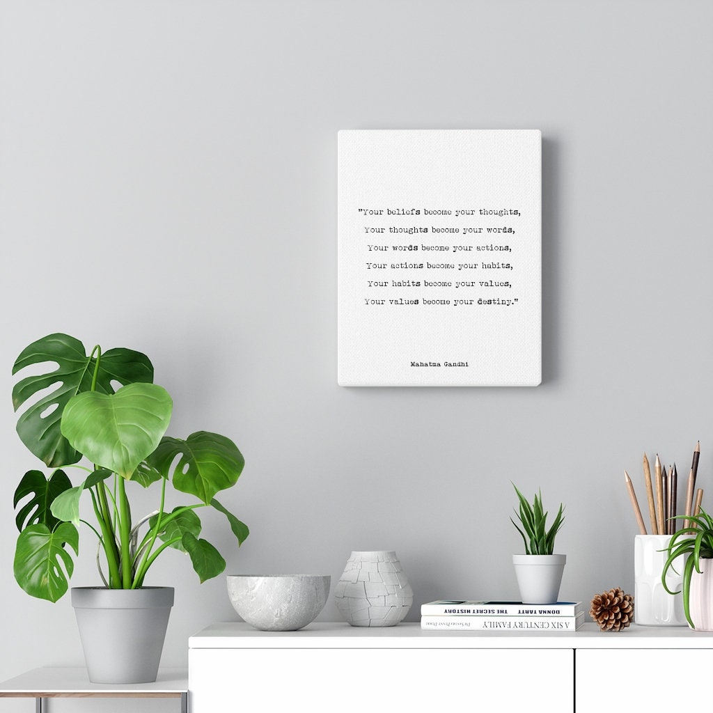 Your Beliefs Become Your Thoughts Canvas Print, Mahatma Gandhi Quote in Black & White