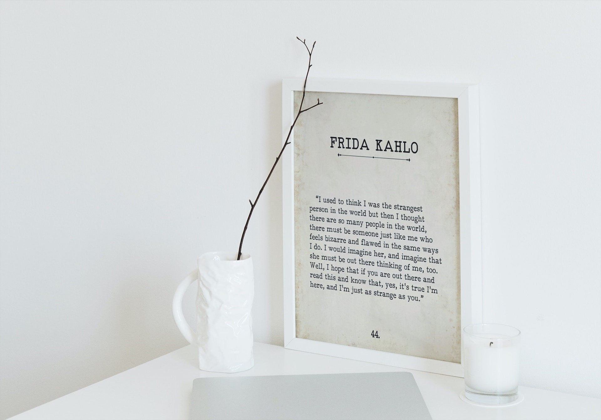 Frida Kahlo Book Page Inspirational Wall Art, I Used To Think I Was The Strangest Person In The World Quote Vintage Style Print Wall Decor
