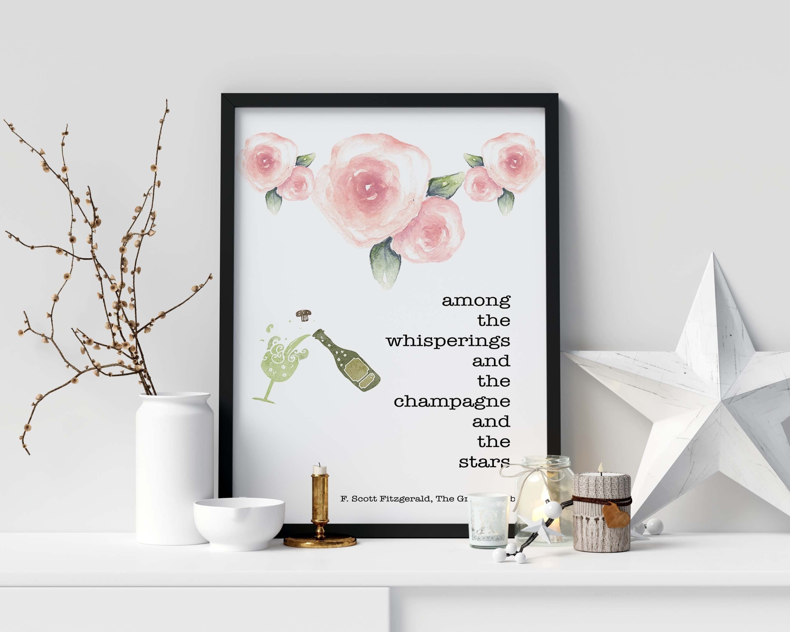 F Scott Fitzgerald Quote Champagne and Stars Great Gatsby Quote Print in White, Green and Pink for Living Room or Bedroom Wall  Decor