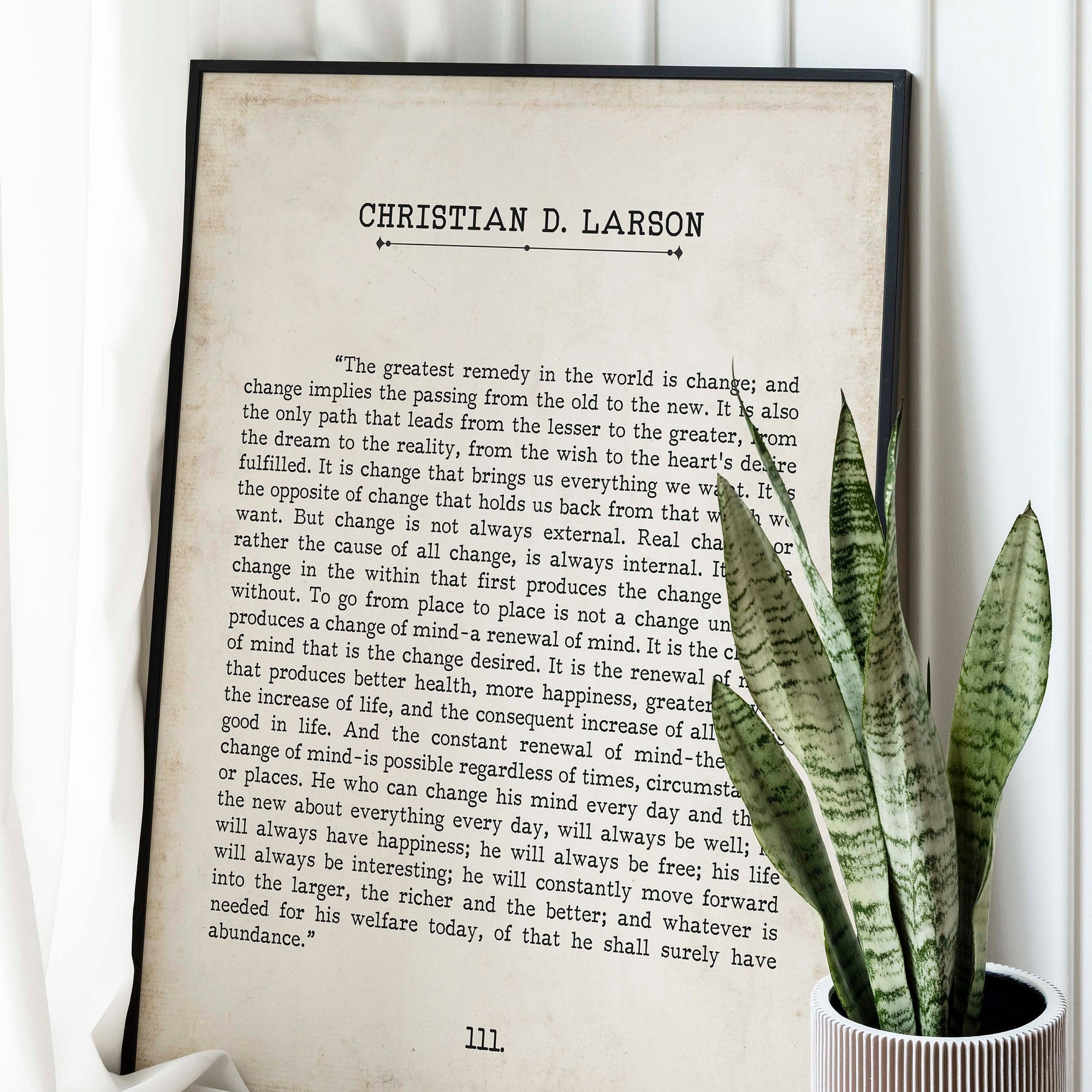 Christian D. Larson Change Quote Book Page Inspirational Wall Art, The Greatest Remedy In The World Is Change Vintage Style Print Wall Decor