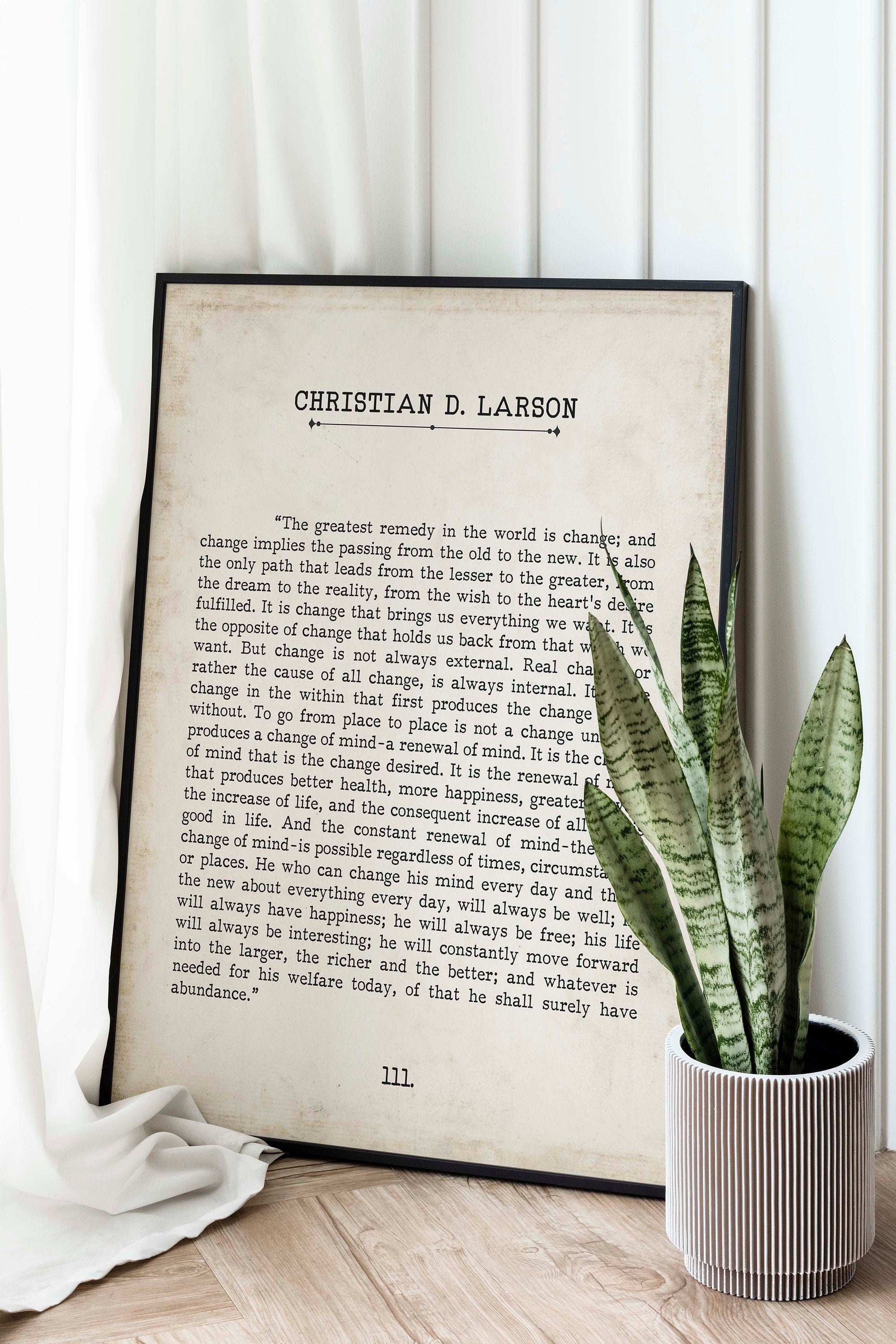 Christian D. Larson Change Quote Book Page Inspirational Wall Art, The Greatest Remedy In The World Is Change Vintage Style Print Wall Decor