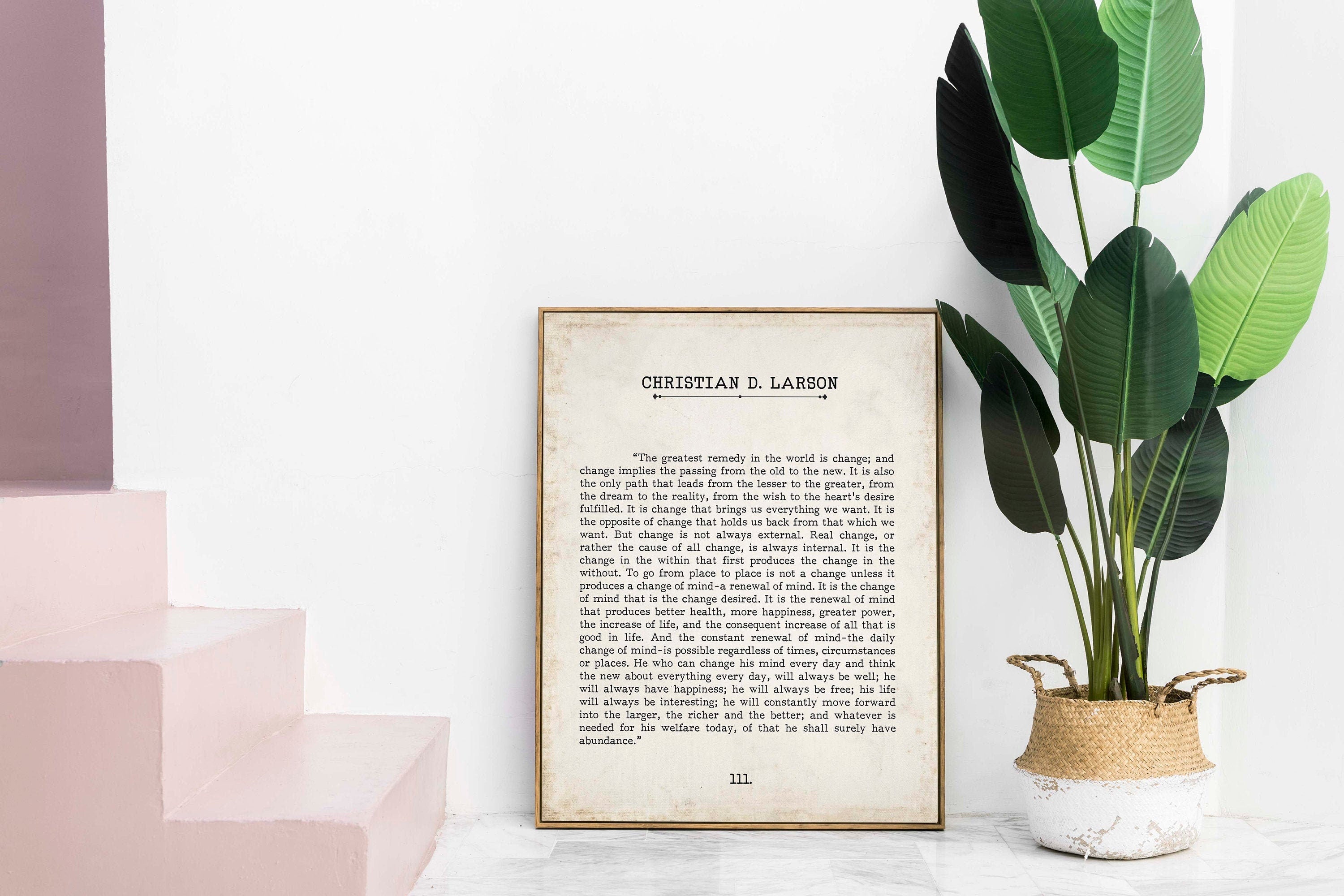 Christian D. Larson Change Quote Book Page Inspirational Wall Art, The Greatest Remedy In The World Is Change Vintage Style Print Wall Decor