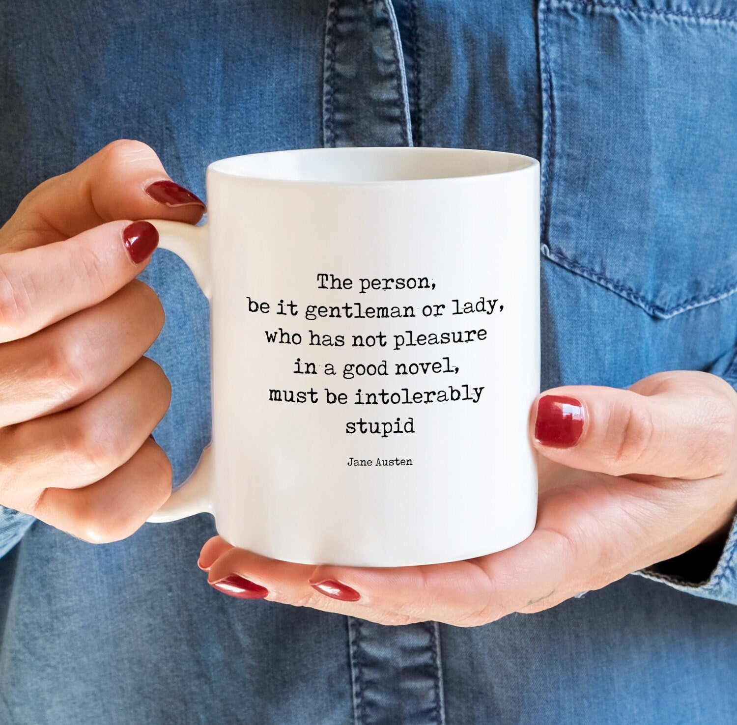 Jane Austen coffee mug, pleasure in a good novel reading mug with quote