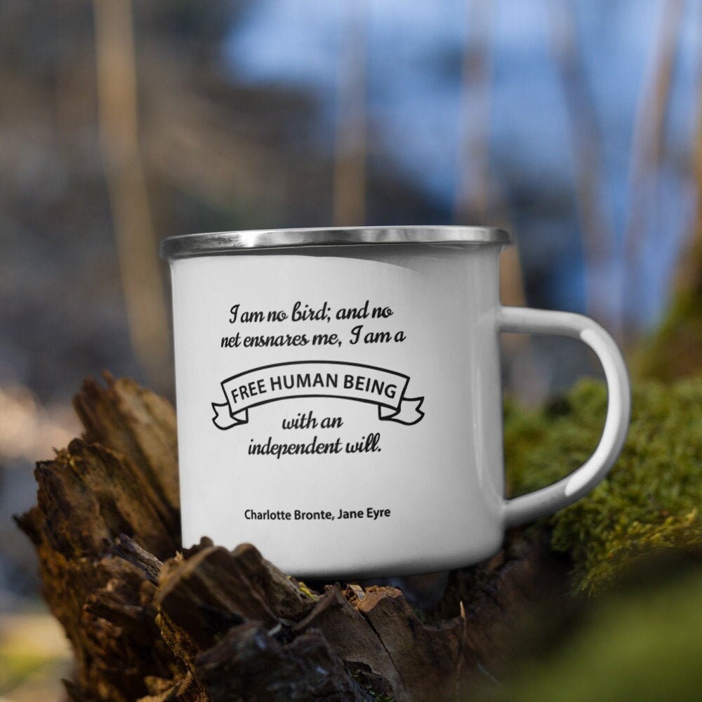 I am no bird jane eyre quote enamel coffee mug, charlotte bronte enamel camping mug