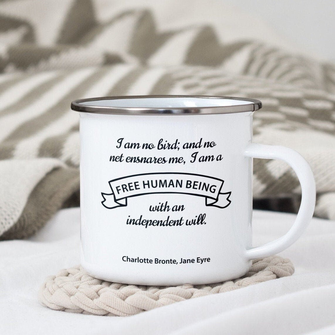 I am no bird jane eyre quote enamel coffee mug, charlotte bronte enamel camping mug