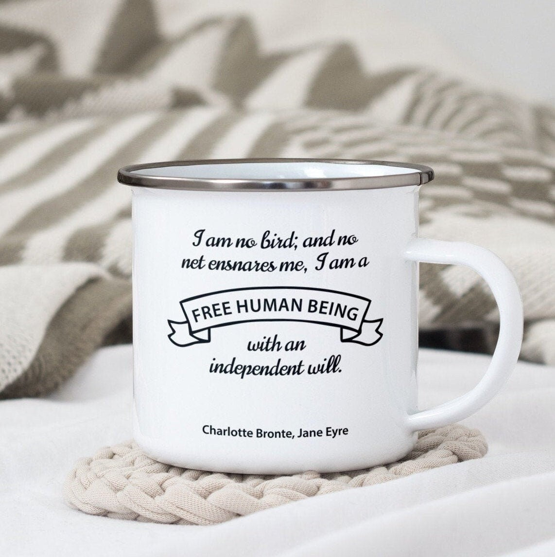 I am no bird jane eyre quote enamel coffee mug, charlotte bronte enamel camping mug