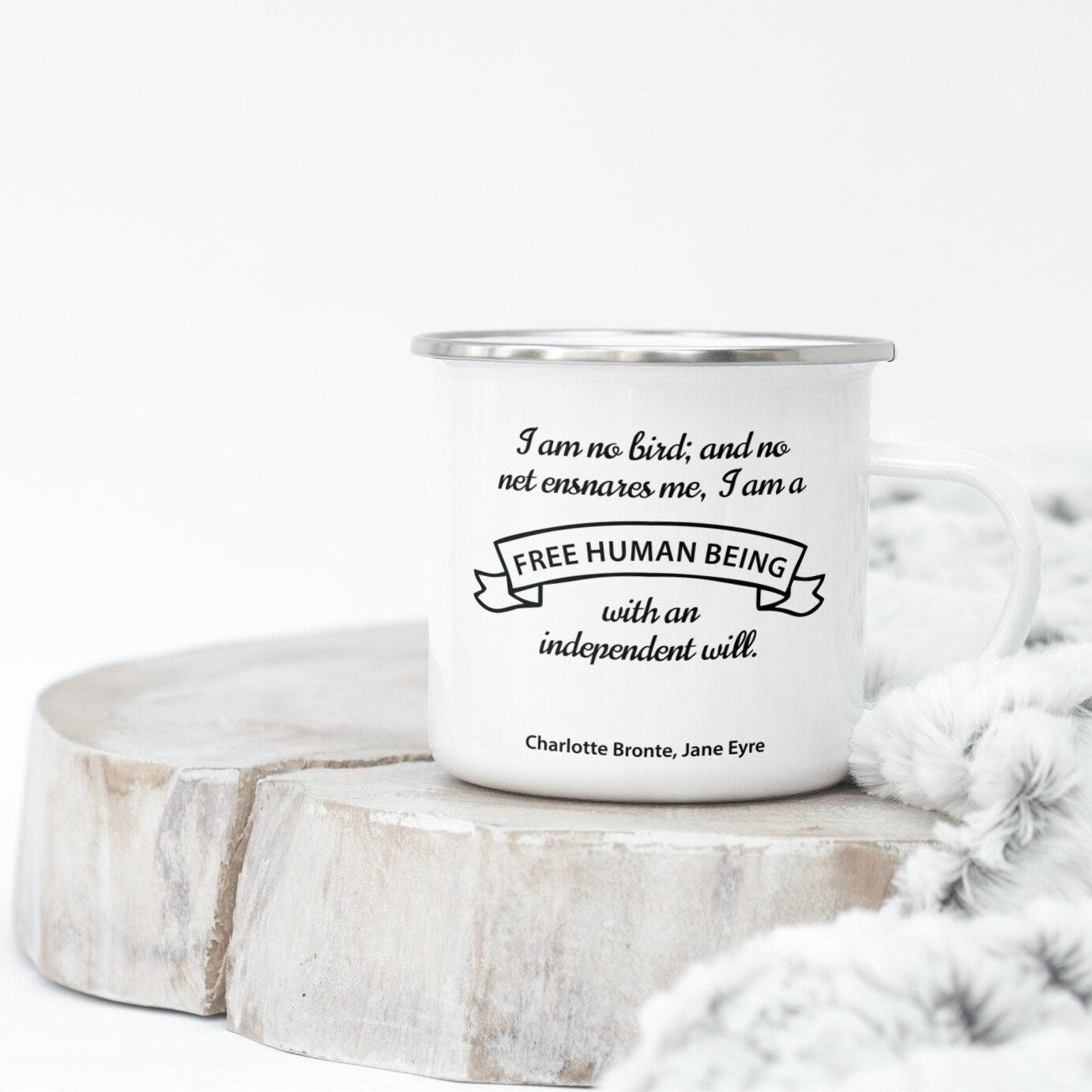 I am no bird jane eyre quote enamel coffee mug, charlotte bronte enamel camping mug