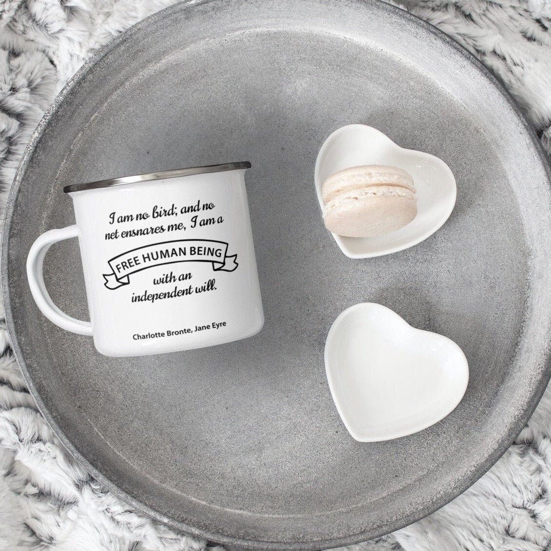 I am no bird jane eyre quote enamel coffee mug, charlotte bronte enamel camping mug