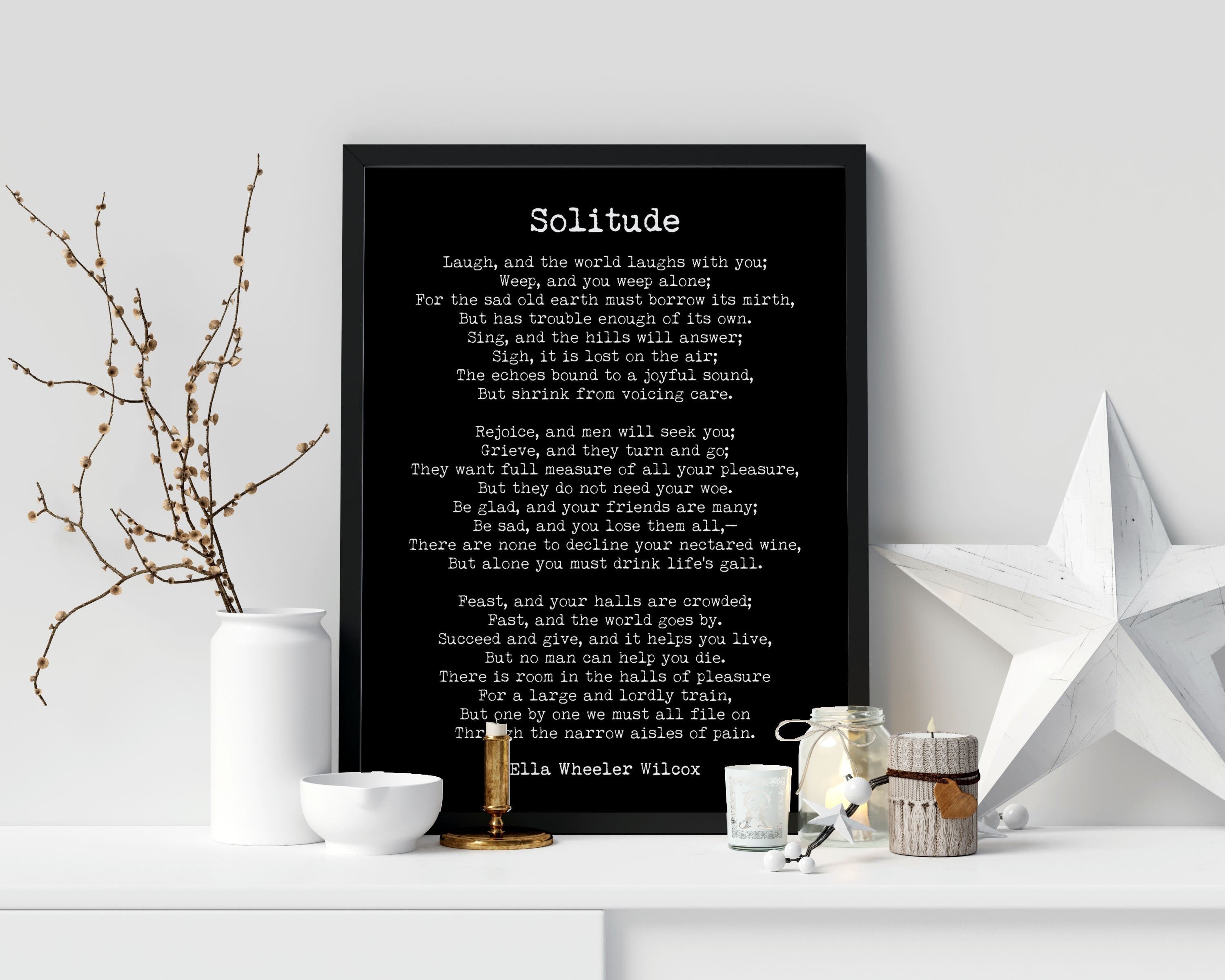 Solitude Ella Wheeler Wilcox poem wall art print, literary gift poetry print unframed in vintage and black & white background