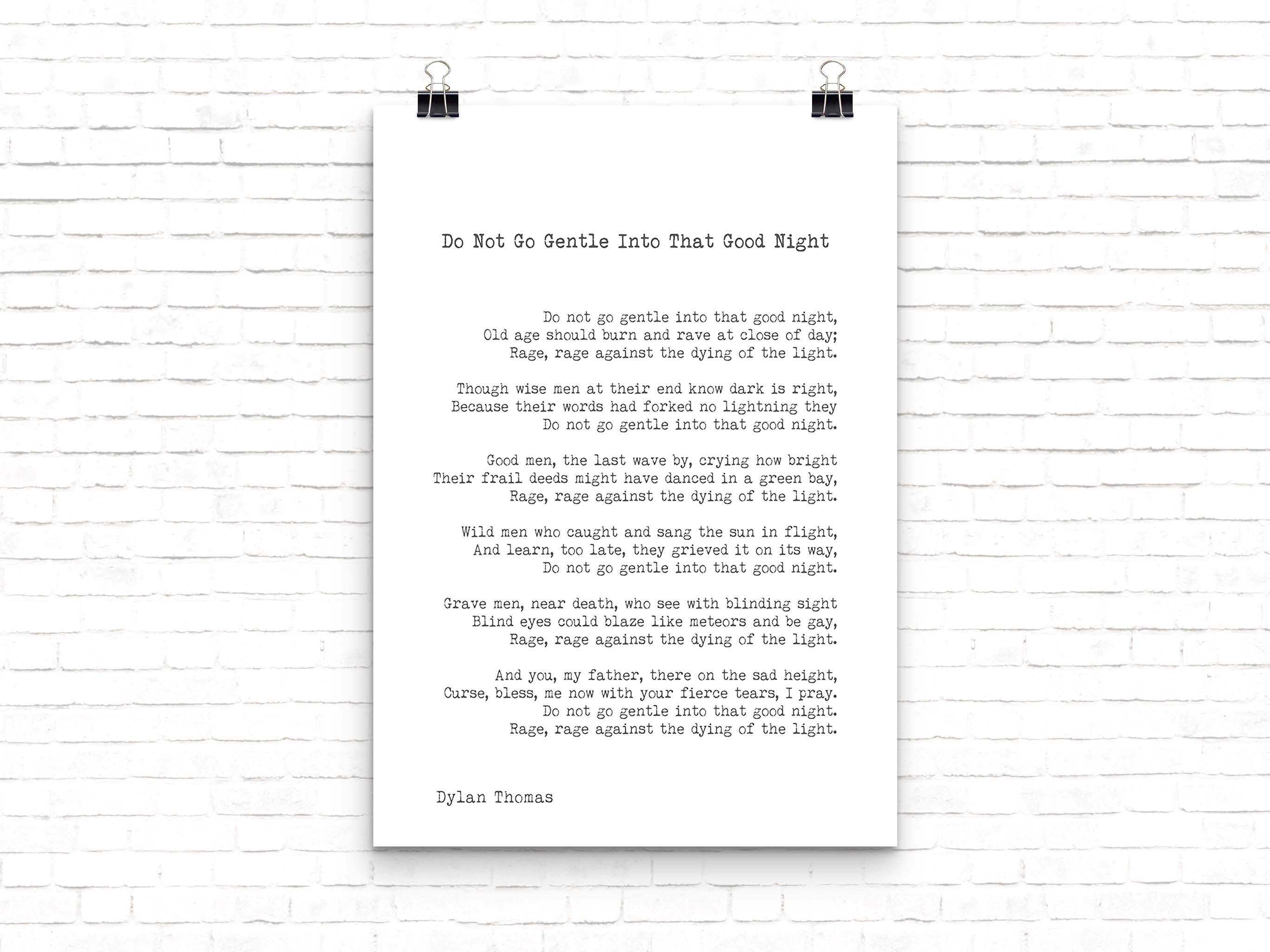 Dylan Thomas Poem Print, Do Not Go Gentle Into That Good Night Poetry Poster In Black & White For Home Wall Decor