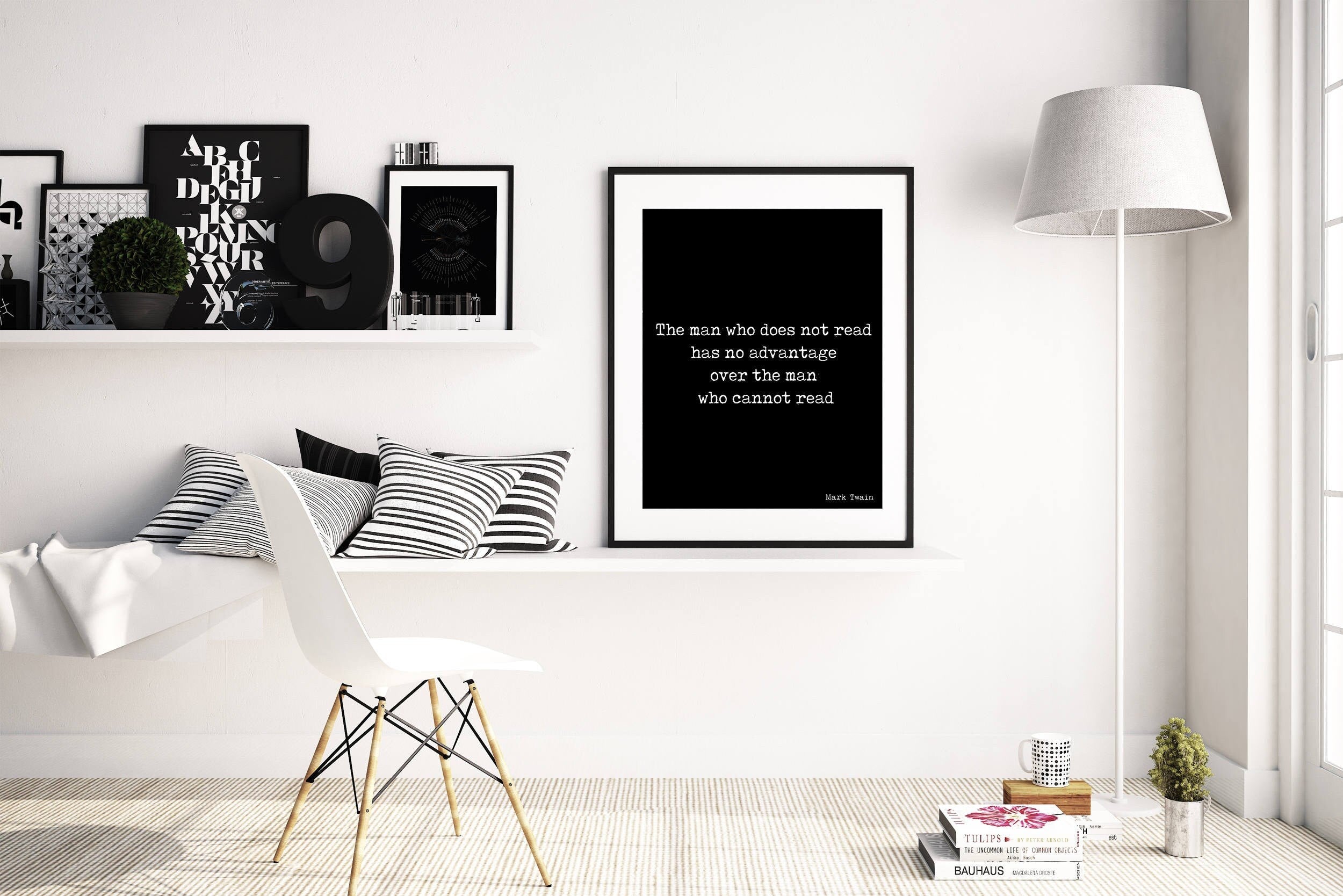 Mark Twain wall art prints, the man who does not read quote for library decor, unframed black and white art