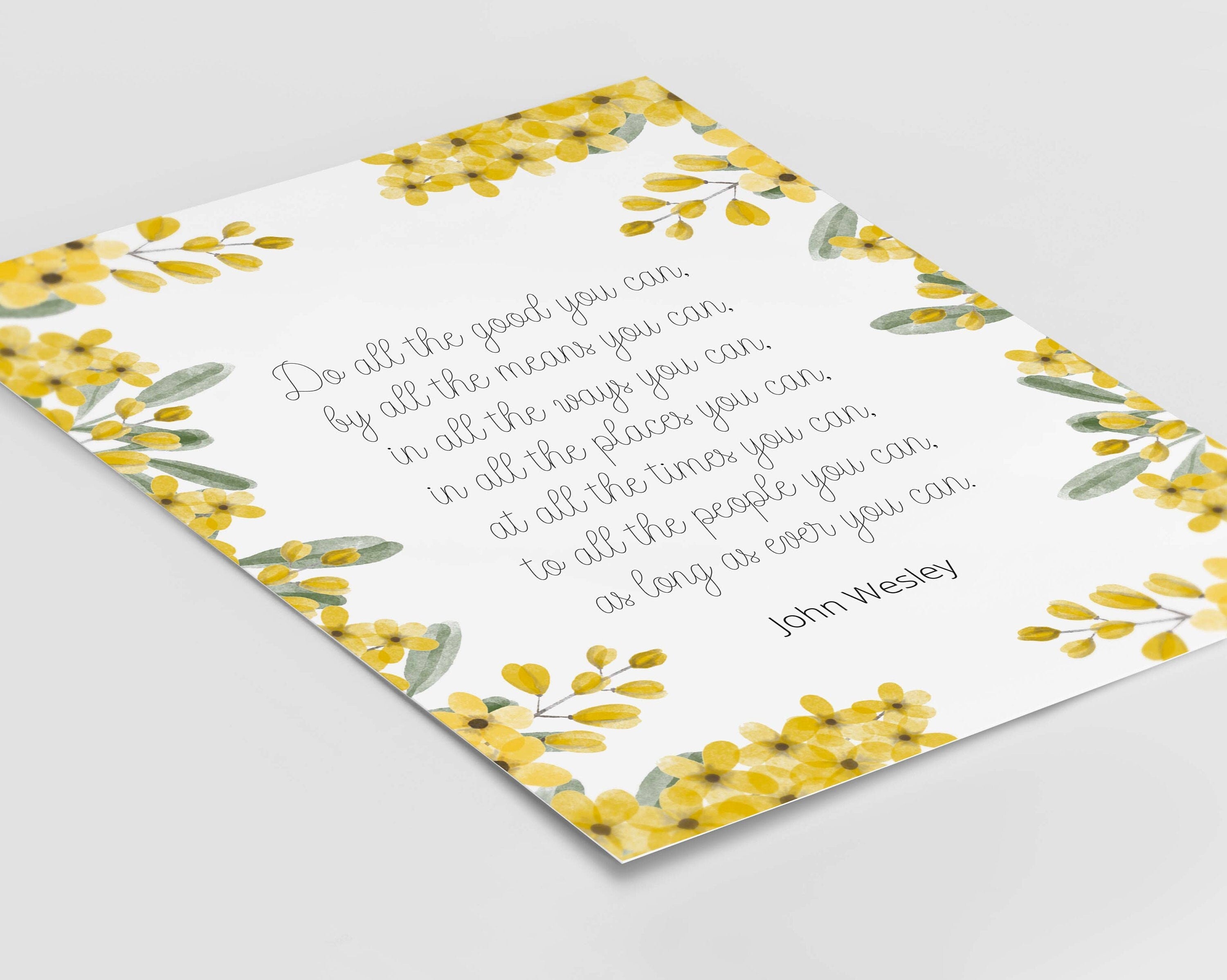 Do all the good you can quote print in white and yellow, John Wesley inspirational quote wall art print