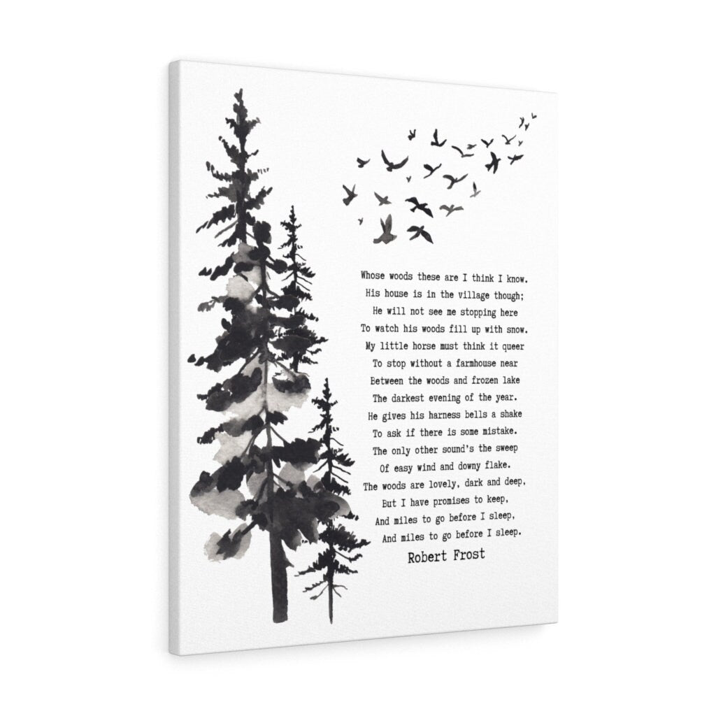 Stopping by the Woods on a Snowy Evening Robert Frost Canvas Print in Black & White for Living Room Wall Art