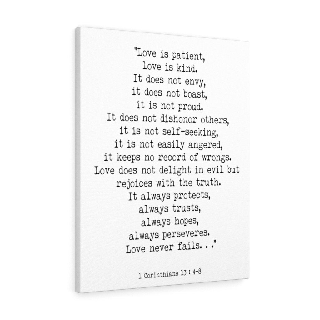 1 Corinthians 13 Canvas Quote Print, Love is Patient Bible Verse Wall Art in Black & White