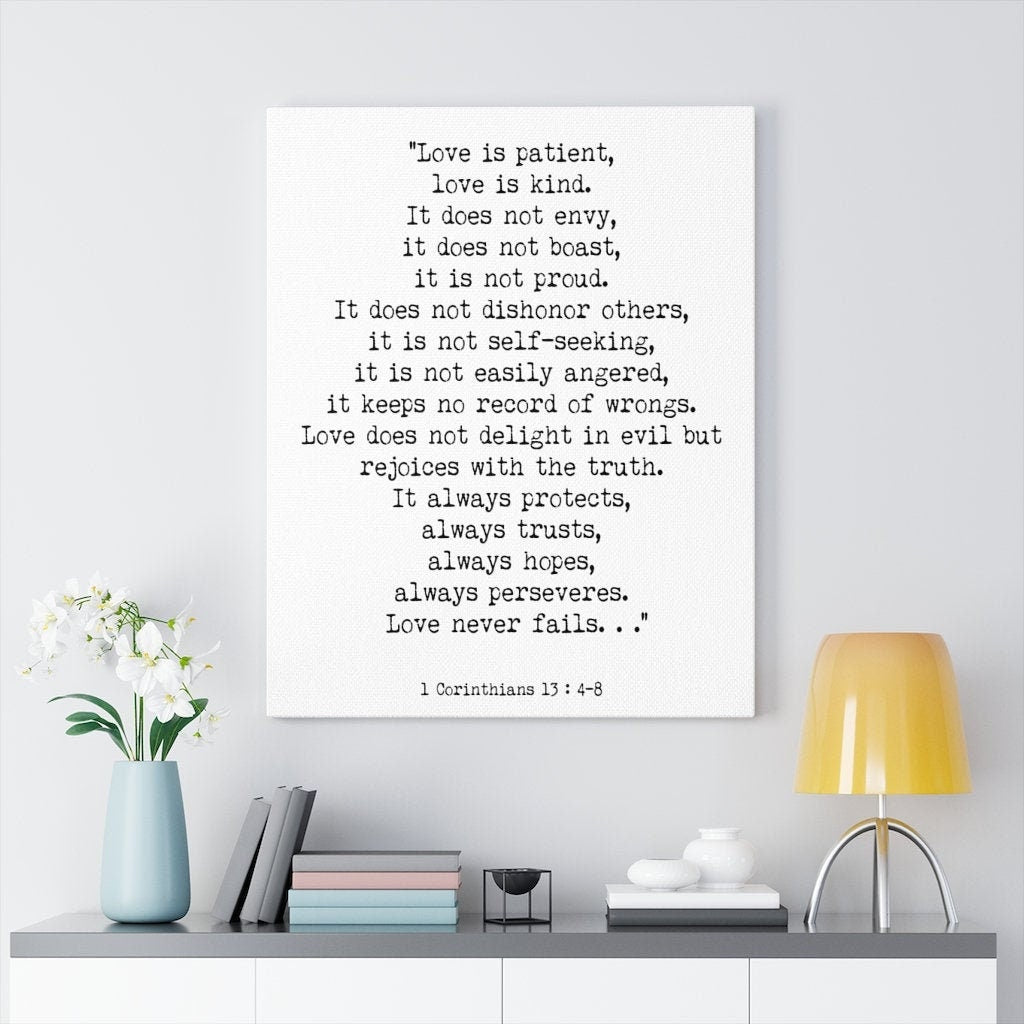 1 Corinthians 13 Canvas Quote Print, Love is Patient Bible Verse Wall Art in Black & White