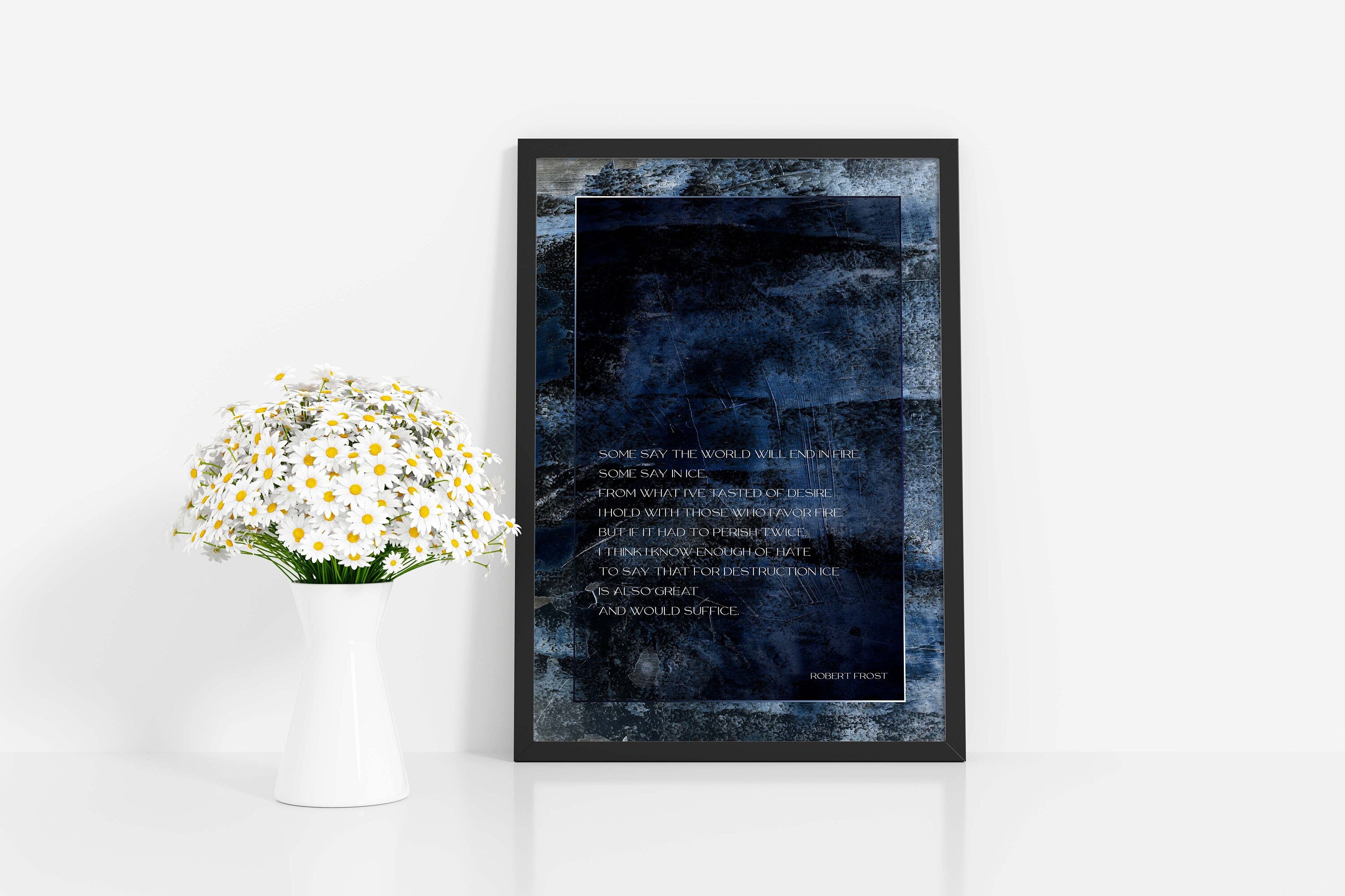Fire and Ice Robert Frost Wall Art Print Dark Blue Navy Watercolor Abstract Art for Living Room Wall Art