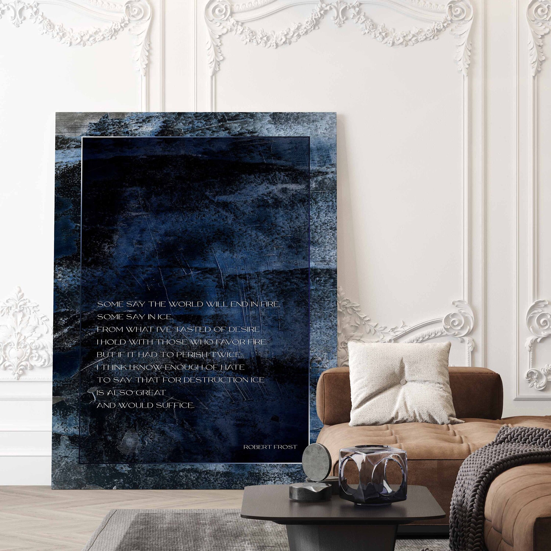 Fire and Ice Robert Frost Wall Art Print Dark Blue Navy Watercolor Abstract Art for Living Room Wall Art