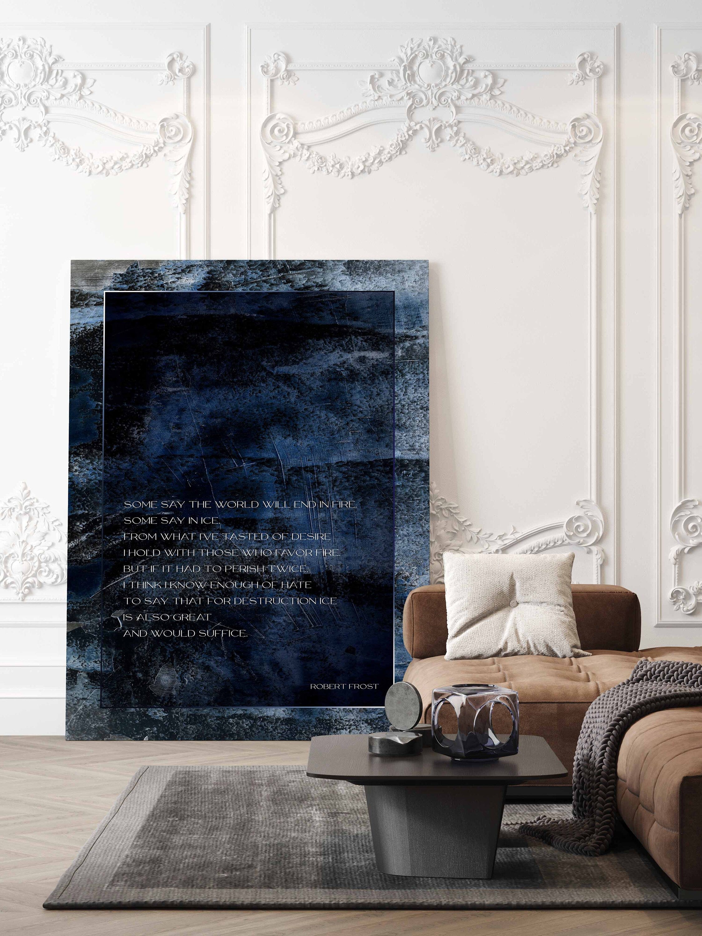 Fire and Ice Robert Frost Wall Art Print Dark Blue Navy Watercolor Abstract Art for Living Room Wall Art