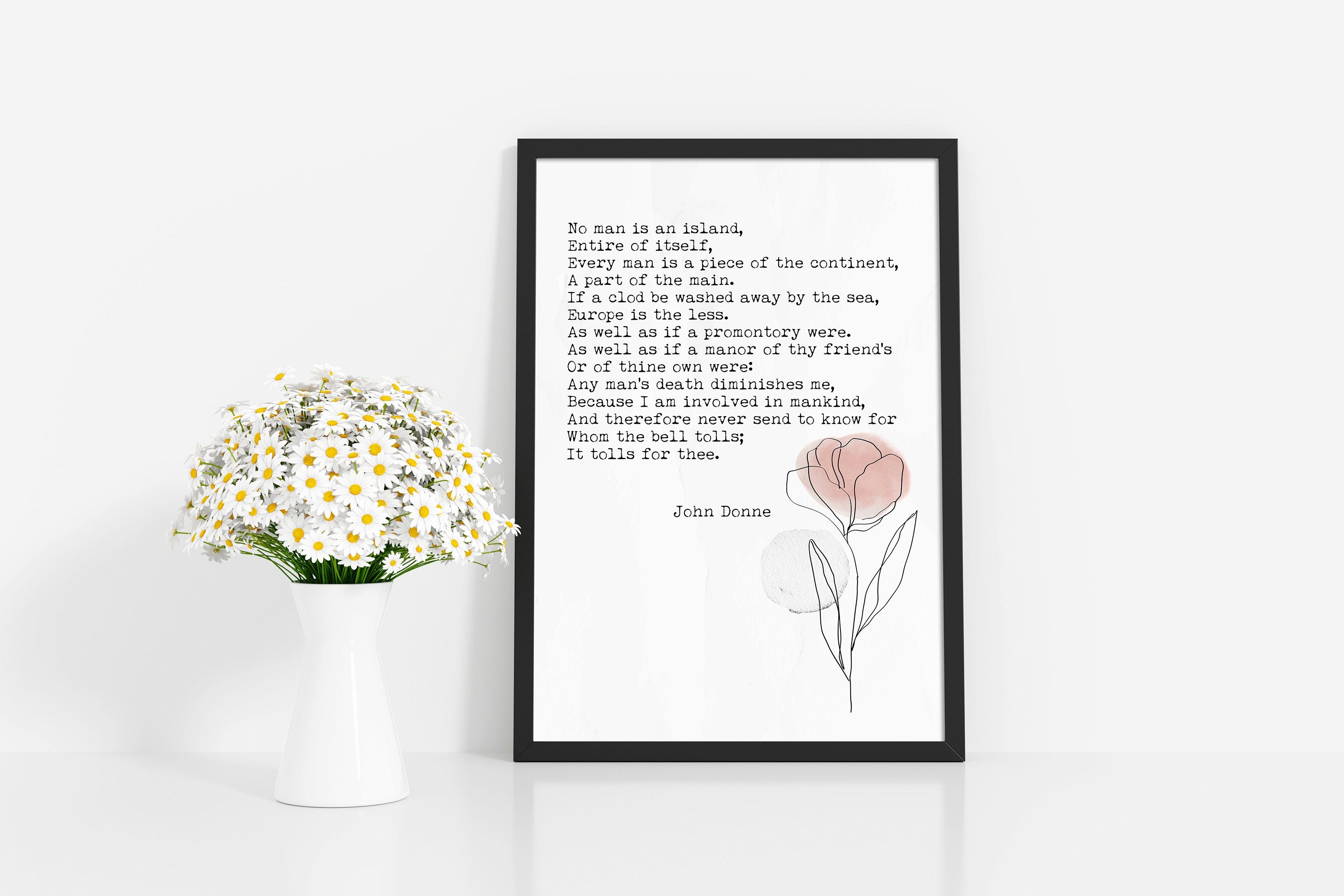 No Man Is An Island John Donne Wall Art Print Abstract Flower Watercolor Art for Living Room Wall Art