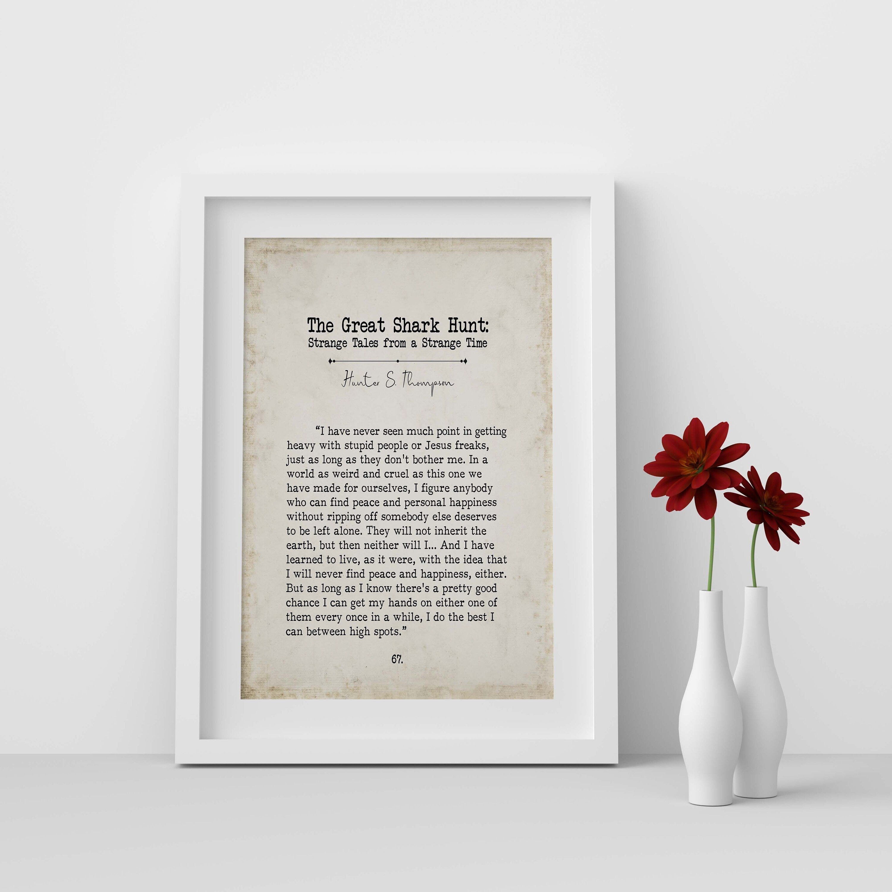 Hunter S Thompson Book Page Inspirational Wall Art, The Great Shark Hunt Quote Vintage Style Print Wall Decor