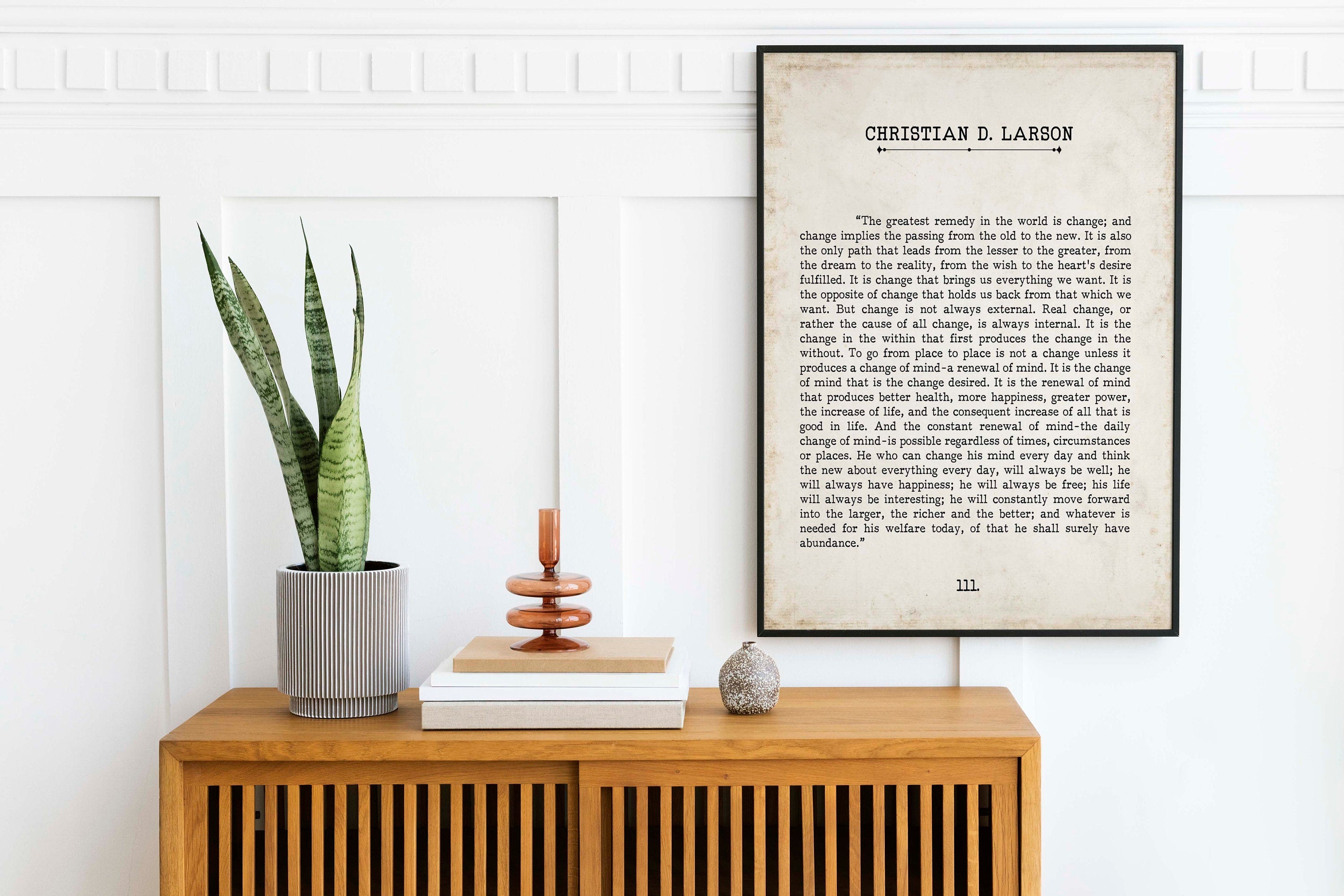 Christian D. Larson Change Quote Book Page Inspirational Wall Art, The Greatest Remedy In The World Is Change Vintage Style Print Wall Decor