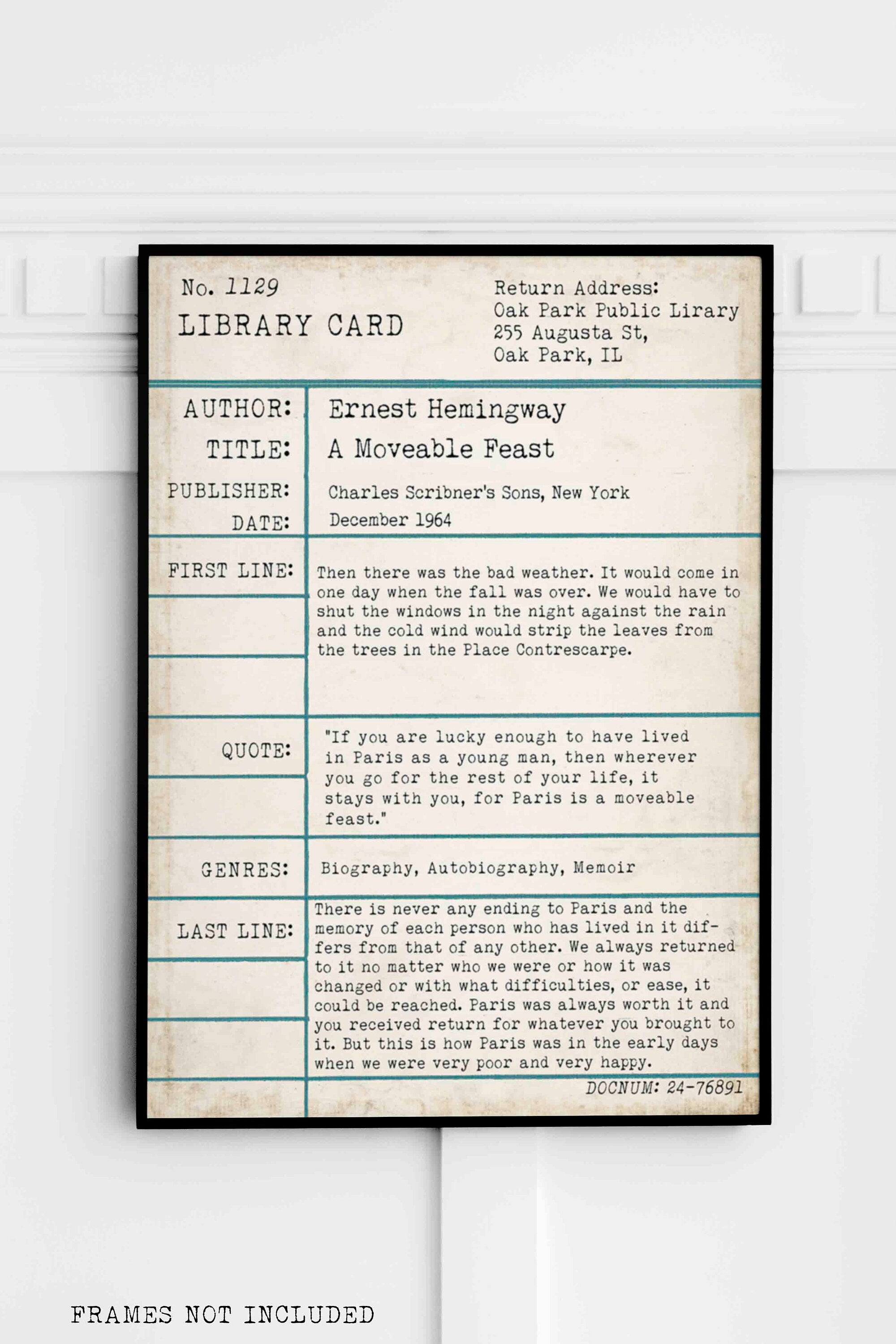 FRAMED Ernest Hemingway A Moveable Feast Wall Art Print Vintage Library Card - FRAMED
