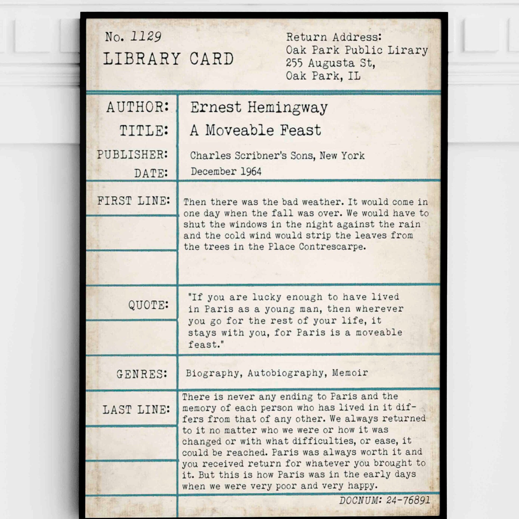 Ernest Hemingway A Moveable Feast Wall Art Print Vintage Library Card -