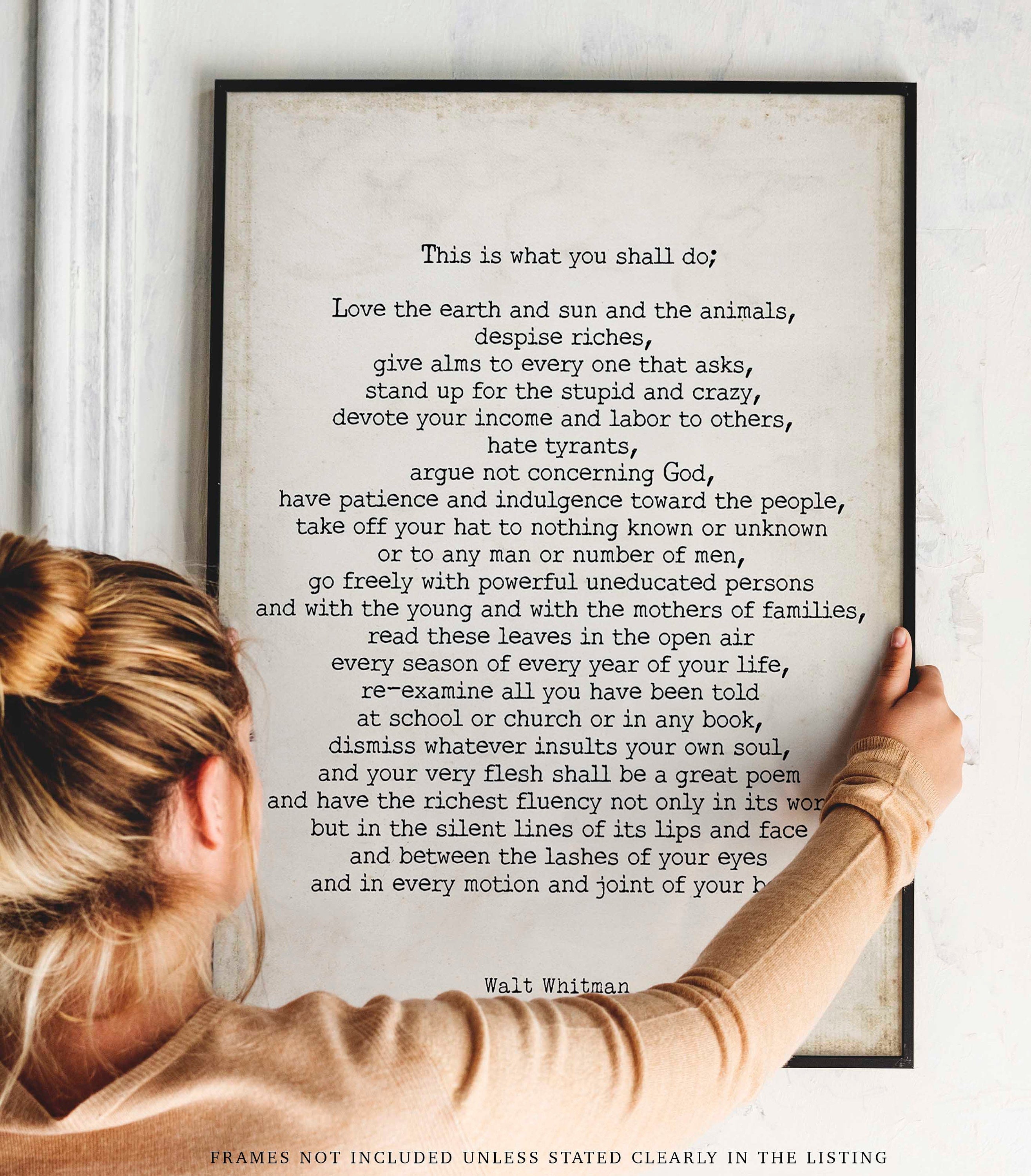 FRAMED Walt Whitman Leaves of Grass Print, This Is What You Shall Do Inspirational Poem in Vintage Background FRAMED 8x10 - 24x36