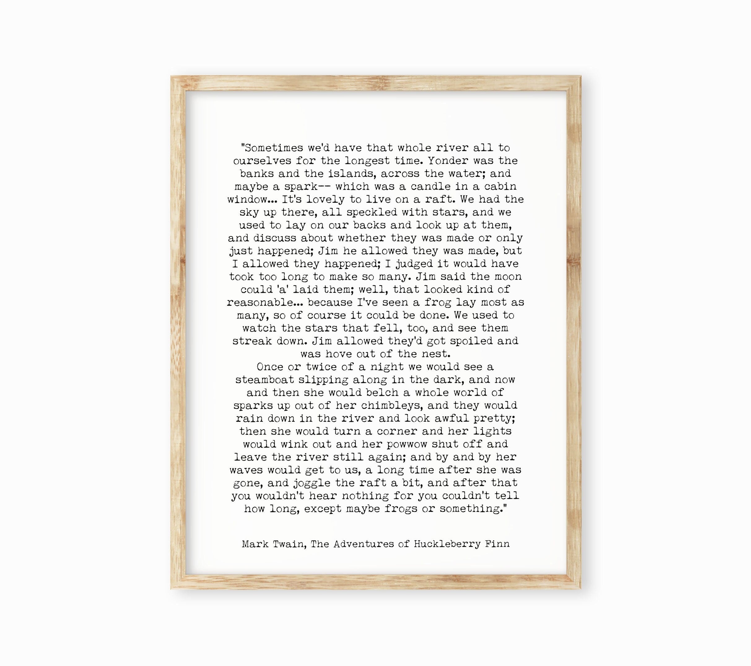 Mark Twain Huckleberry Finn River Quote Print, Black & White Art for Minimalist Wall Decor