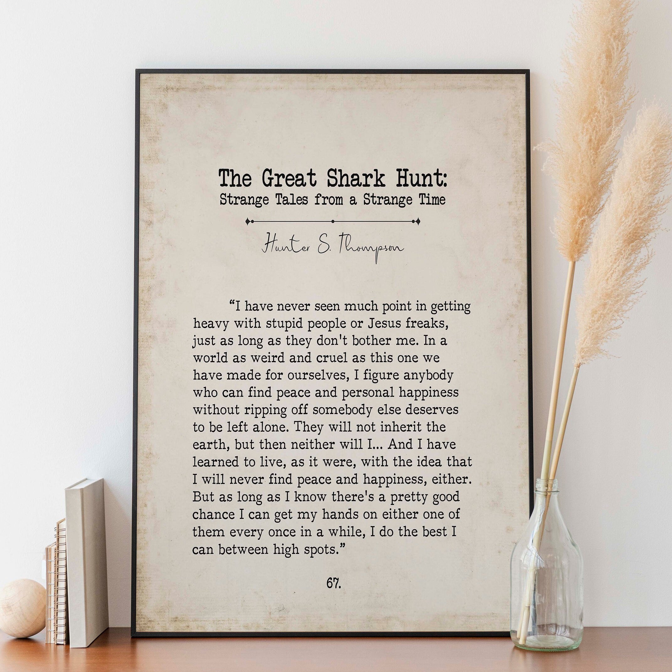 Hunter S Thompson Book Page Inspirational Wall Art, The Great Shark Hunt Quote Vintage Style Print Wall Decor